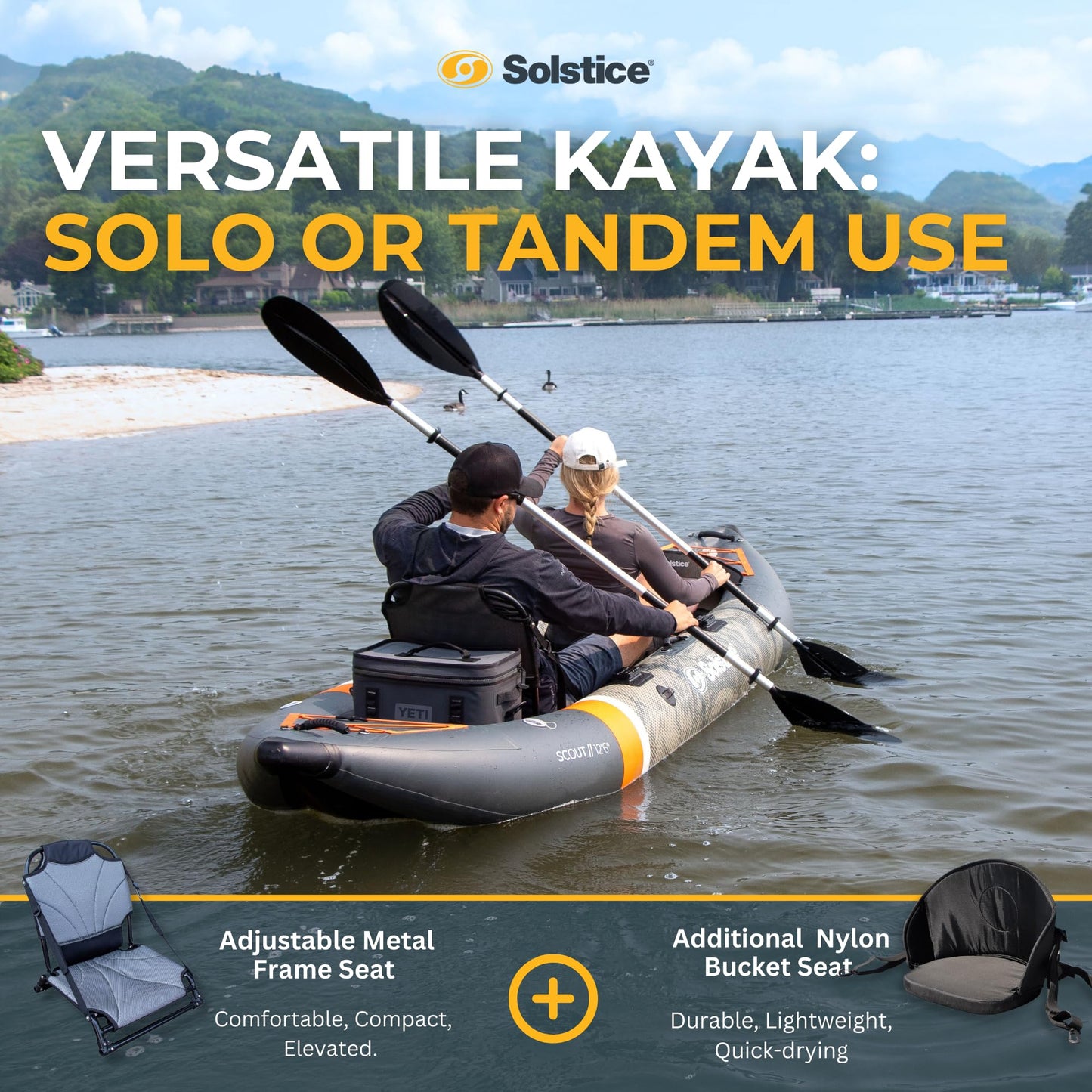 Solstice Inflatable Kayak Boat – Durable, Portable & Adventure-Ready, Heavy Duty PVC – Adjustable Seats, Accessory Mounts, Skeg & Pump Included, Fishing, 1-2 Person Tandem, Scout, Camo, 12'6"