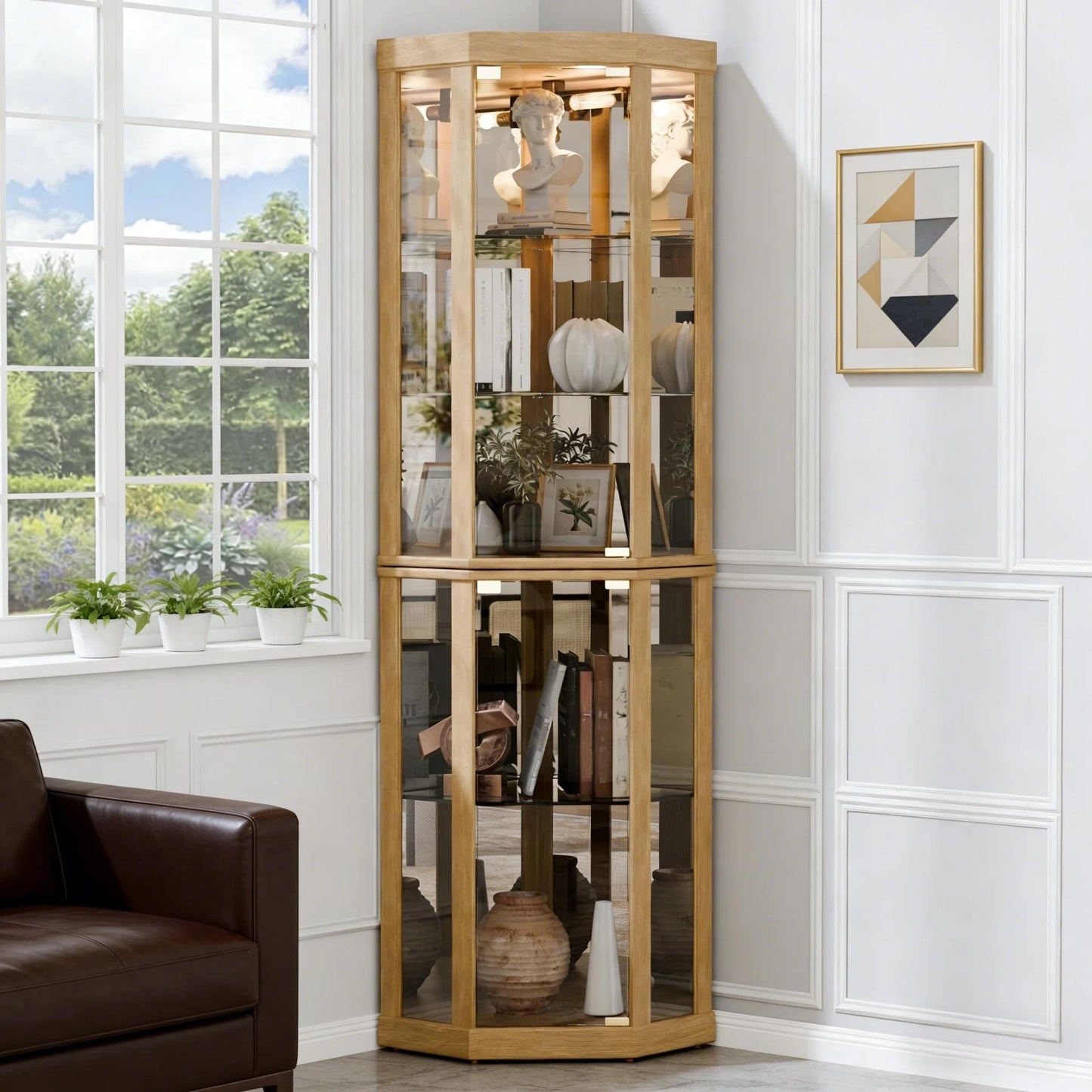 Topcomfy Corner Curio Cabinet, Lighted 3-Side Glass Display Curio Cabinet with Tempered Glass Doors & Adjustable Shelves, Wine Bar China Cabinet with Bulb for Living Room (Light Oak)