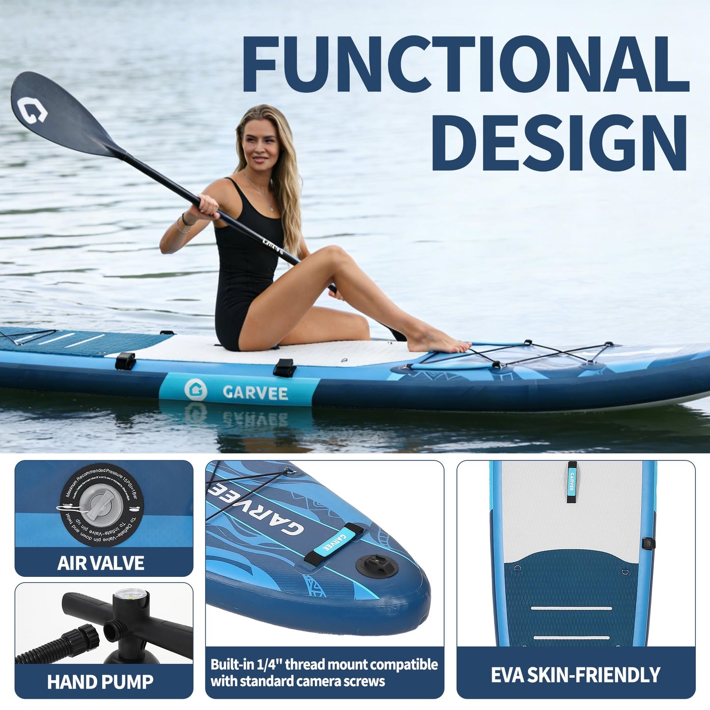 GarveeHome Inflatable Stand Up Paddle Board with Premium SUP Accessories, Wide Stable Design, Anti-Slip EVA Deck, Built-in Camera Mount, 11'5" Inflatable Paddle Boards for Adults & Youth