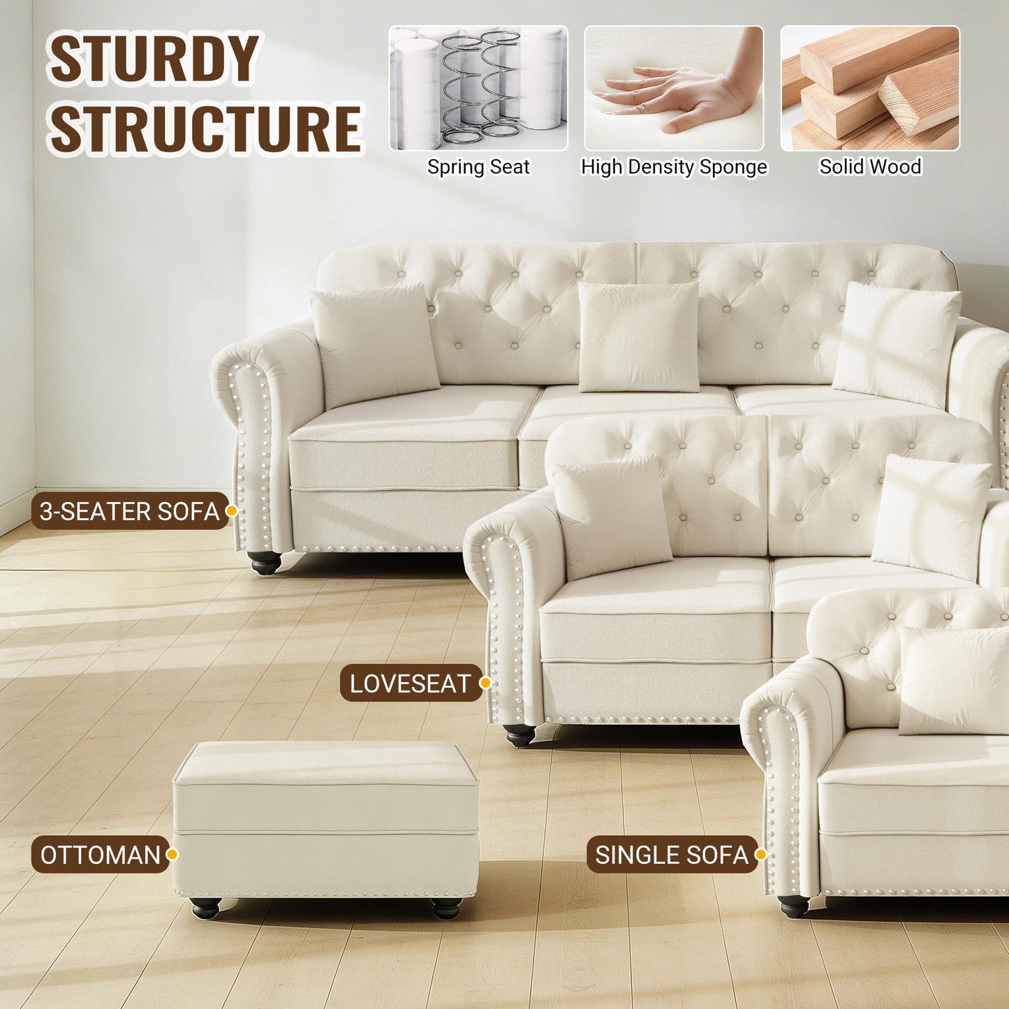 KEIKI 3-Piece Chesterfield Sofa Set with 1 Velvet 3-Seater Sofa & 1 Loveseat & 1 Single Sofa, 6-Seater Couch Set with Nailhead Trim & Rolled Arms & 1 Ottoman & 6 Pillow, for Living Room, White