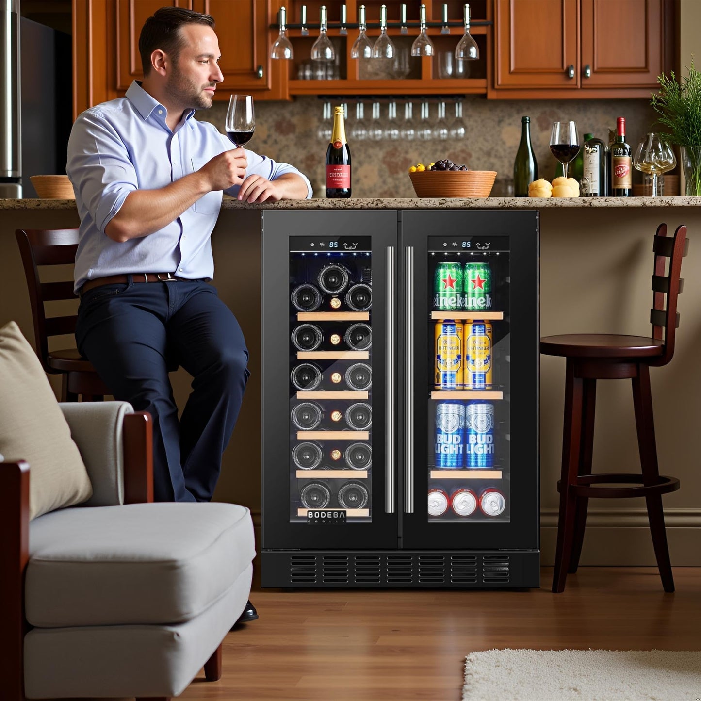 BODEGACOOLER Wine and Beverage Refrigerator, 24 Inch Dual Zone Beveage Fridge, Freestanding Wine Fridge, Under Counter Beverage Cooler With Glass Door with LED Light for Bar,Home Use,Club,Kitchen
