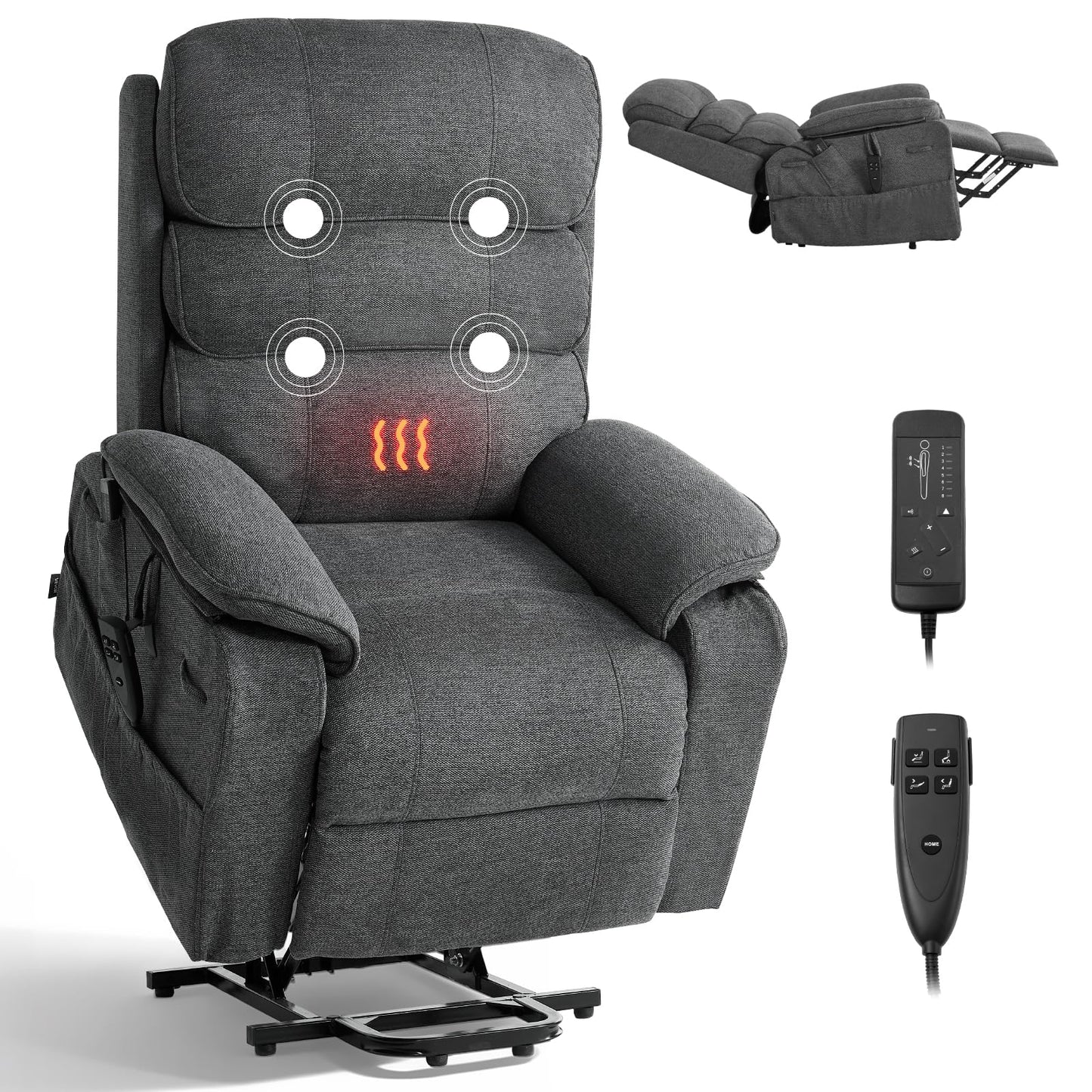 VEVOR Power Lift Recliner Chair, Dual Motor Lift Chair with Heat and Massage for Elderly, Position Adjustable, Remote Control, with Side Pockets, Chenille Fabric, Dark Gray