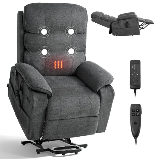 VEVOR Power Lift Recliner Chair, Dual Motor Lift Chair with Heat and Massage for Elderly, Position Adjustable, Remote Control, with Side Pockets, Chenille Fabric, Dark Gray