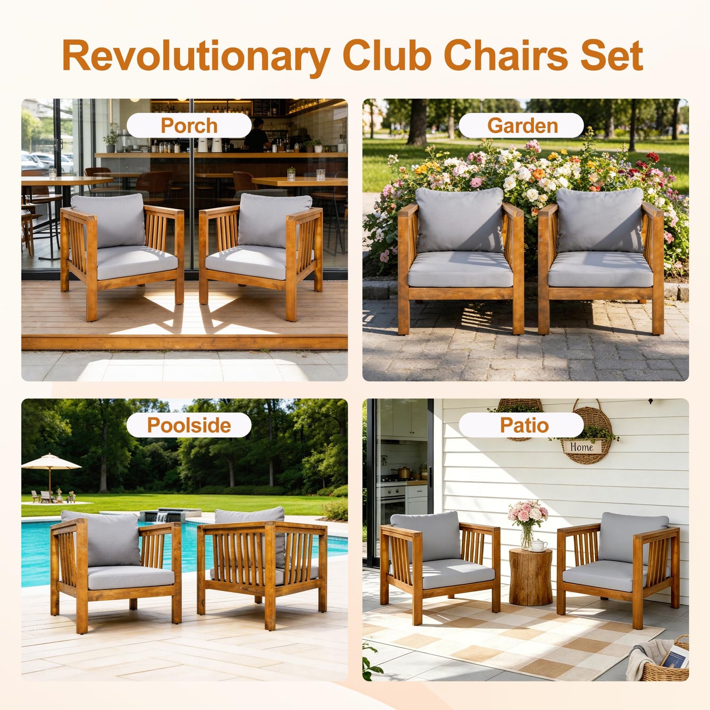 Merax Set of 2 Outdoor Acacia Wood Club Chairs, Modern Patio Conversation Chairs with Thick Cushions, Adjustable Feet, Weather Resistant Wooden Armchairs for Backyard, Poolside, Grey Cushions