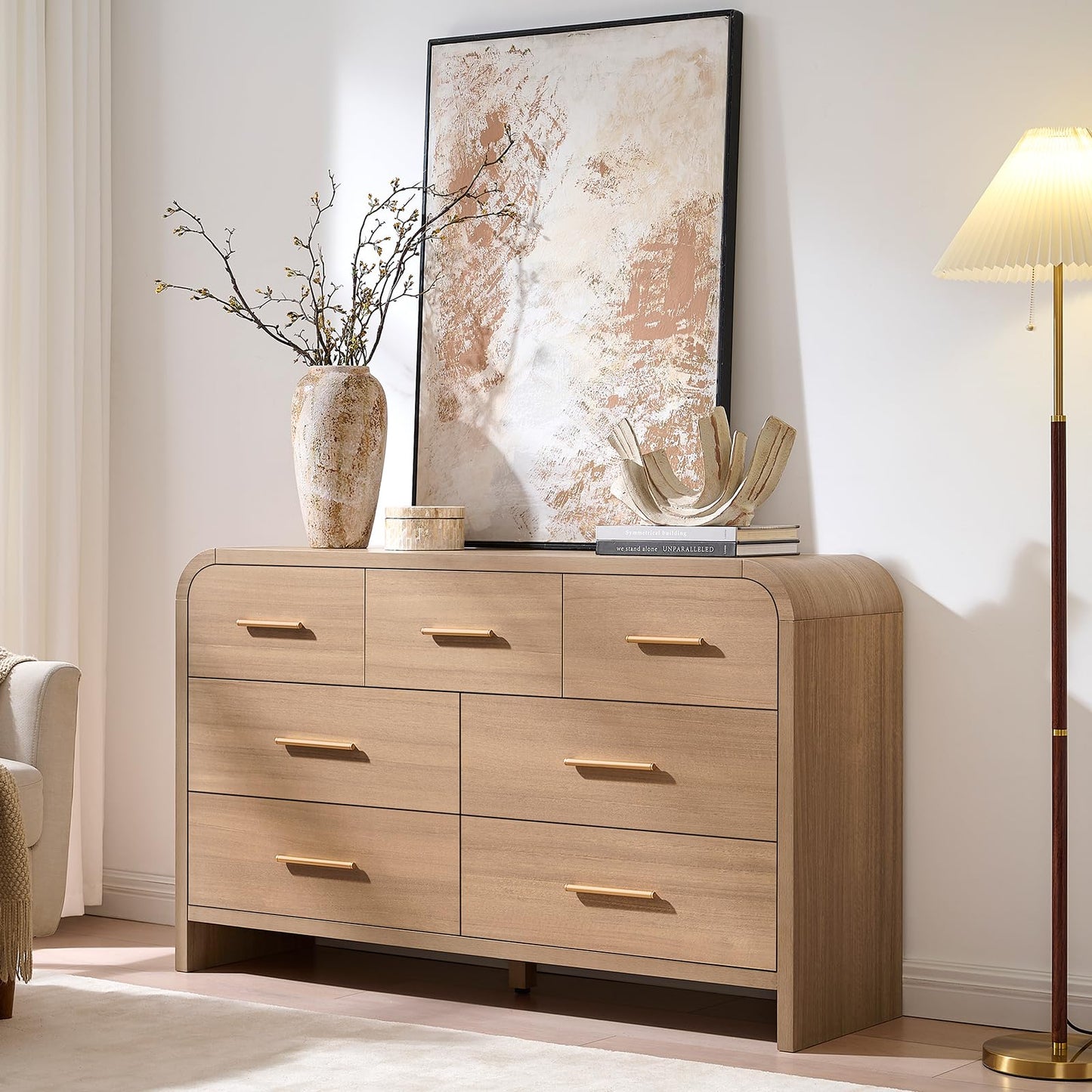 EliteSet Curved 7 Drawer Dresser for Bedroom, 53.82'' Wide Chest of Drawers, Modern Storage Cabinet for Hallway & Living Room TV Stand, FSC Certified 1.18" Thick Board, 100 lbs Top Weight, Oak