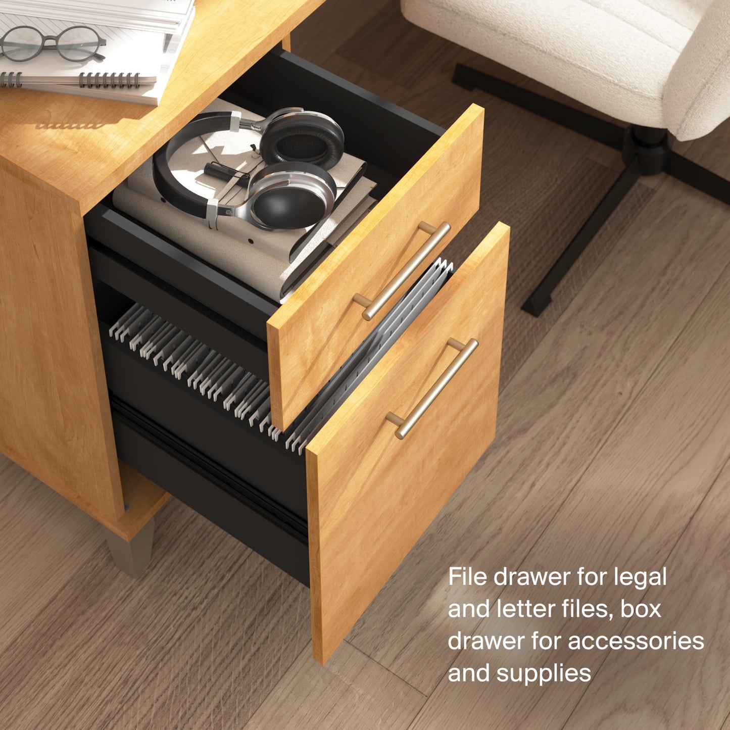 Bush Home 60-Inch Office Desk with Drawers, Computer Desk with File and Box Drawers, Home Office Workstation with Storage Cabinet, Writing Desk Furniture, Somerset Collection, Maple Cross