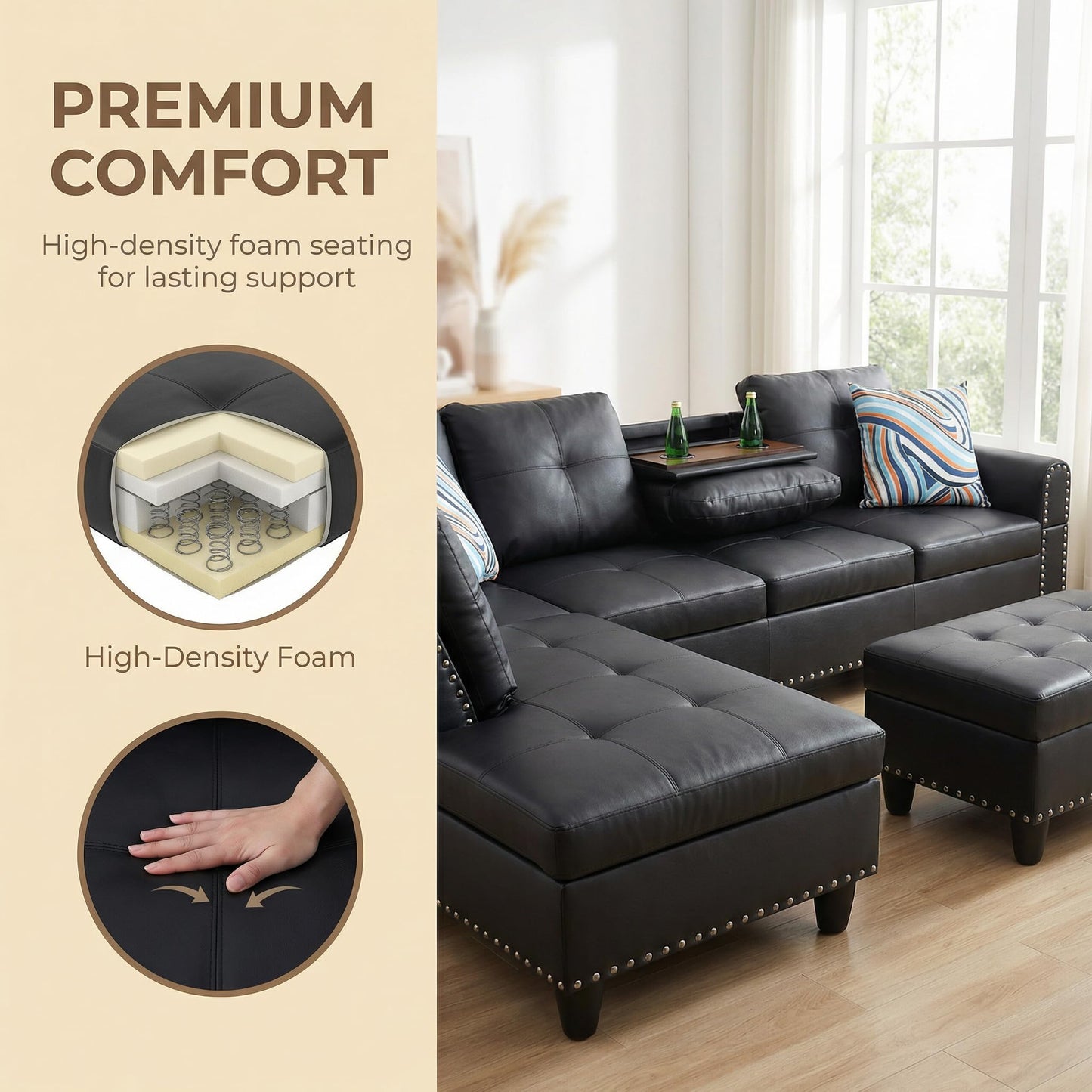 Trygoal 97" Leather 4-Seat L-Shaped Sectional Sofa with Movable Chaise & Storage Ottoman - 3-Piece Modular Convertible Couch for Living Room, Bedroom, Apartment & Office, Jet Black