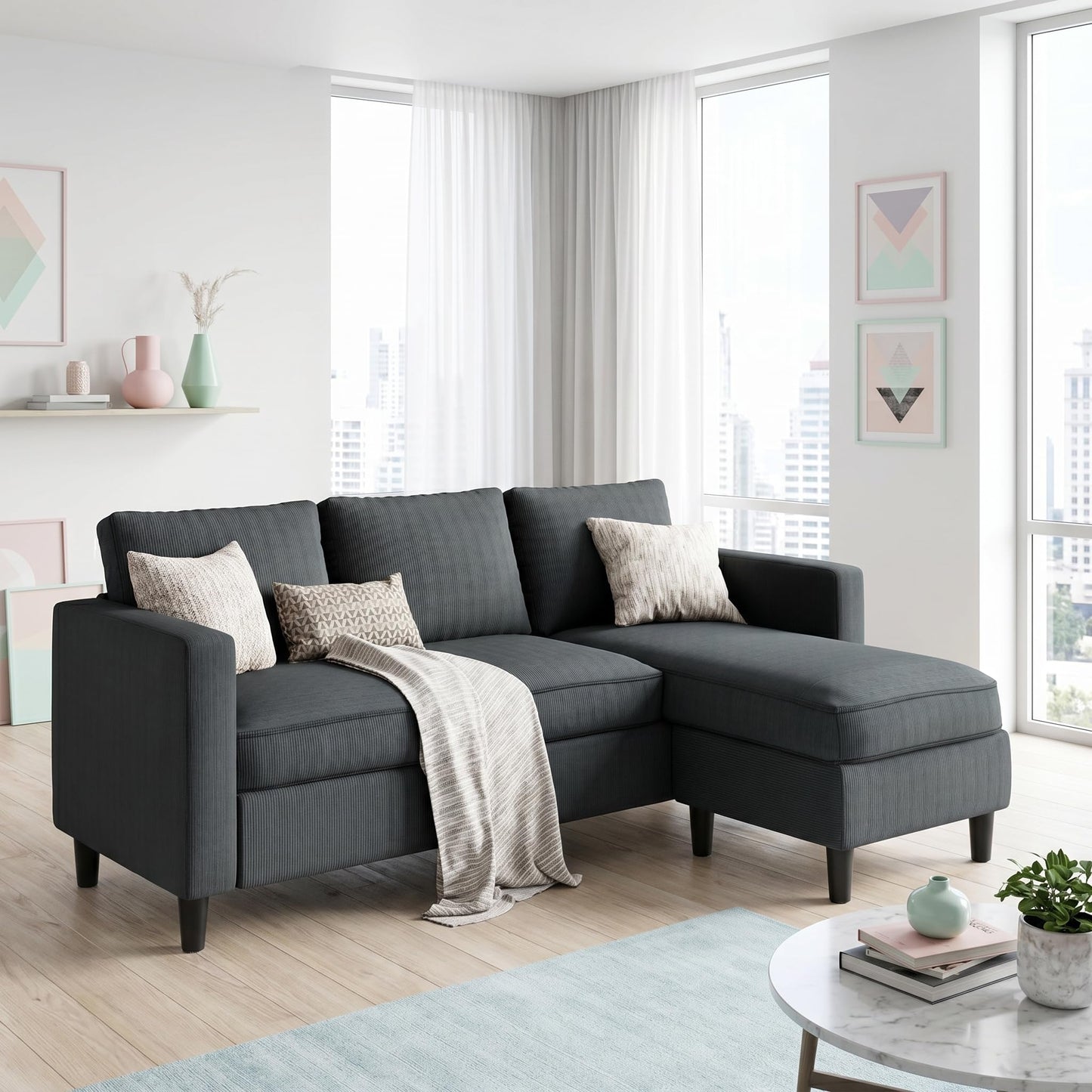 SUNLEI L-Shaped Sectional Couch, Modern Grey Reversible Sectional Sofa with Reversible Ottoman, 3-Seat Compact Couches for Living Room Apartment, Studio & Office, Easy Assembly, Grey