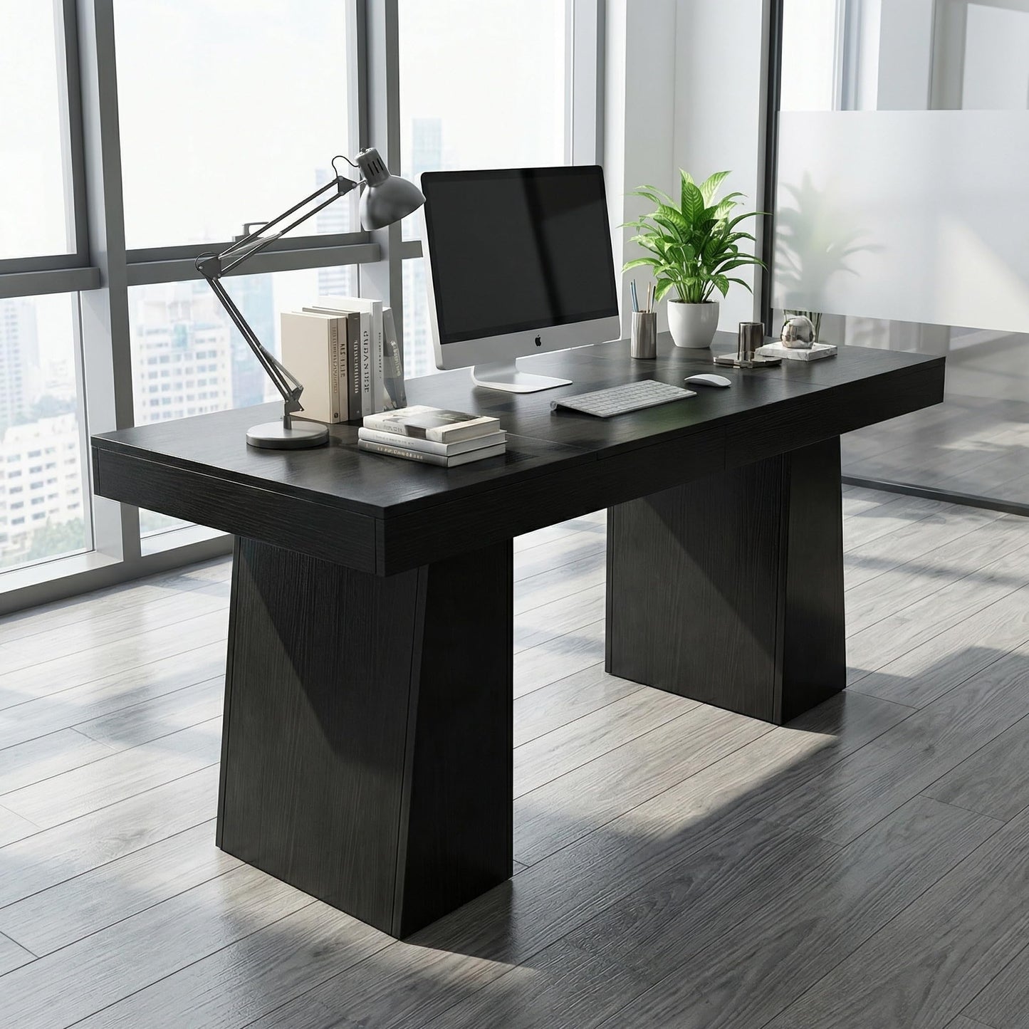 MegaChoice 55" Executive Desk, Large Office Computer Desk with Double Pedestal, Modern Simple Workstations Writing Table Conference Table Business Furniture for Home Office, Black