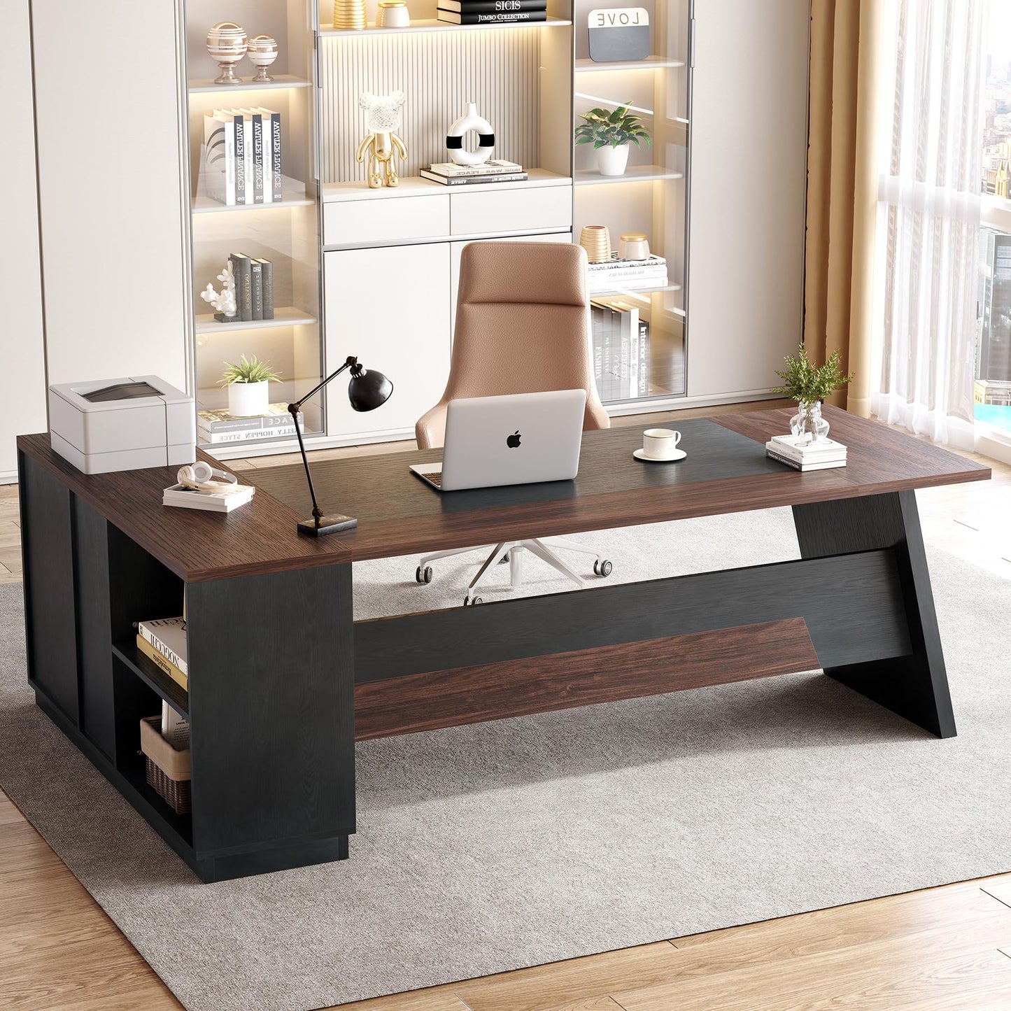 LITTLE TREE 78-Inch Executive Office Desk with File Cabinet, Large Modern Corner Office Desk for Home Office, 3-Drawer Wood File Cabinet, Spacious Workstation for Home Office (Brown & Black)