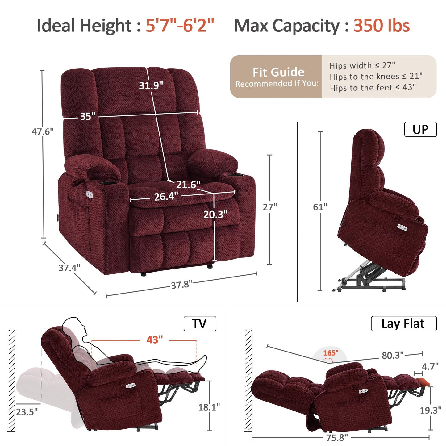MCombo Oversized Power Lift Recliner Chair for Elderly, Dual Motor Lift Chair with Heat and Massage, Lay Flat Lift Chair for Big and Tall, Cup Holders, Fabric R7891 (Oversize, Burgundy)