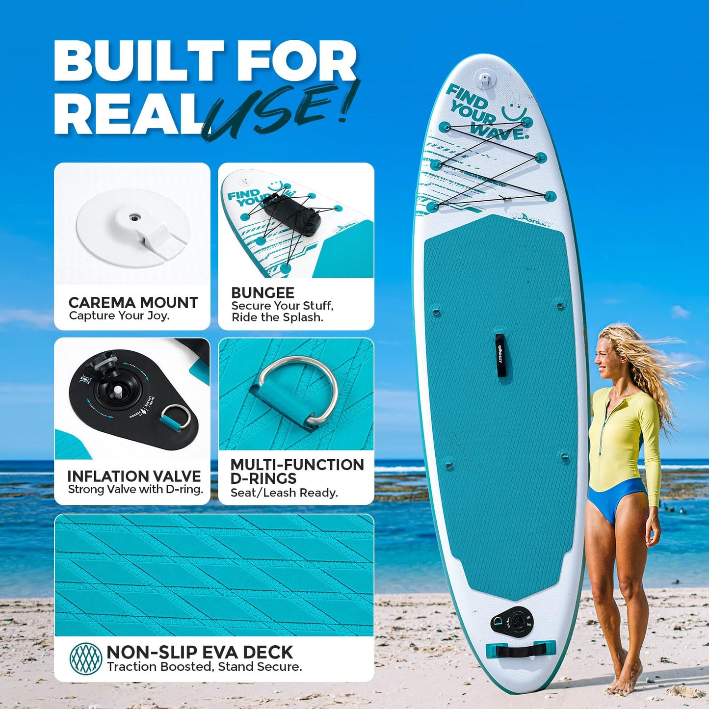 Quashley 10.5'*32" Inflatable SUP Board Premium Kit - Paddle, Pump, 10L Dry Bag Included - Lightweight and Compact for Effortless Transport