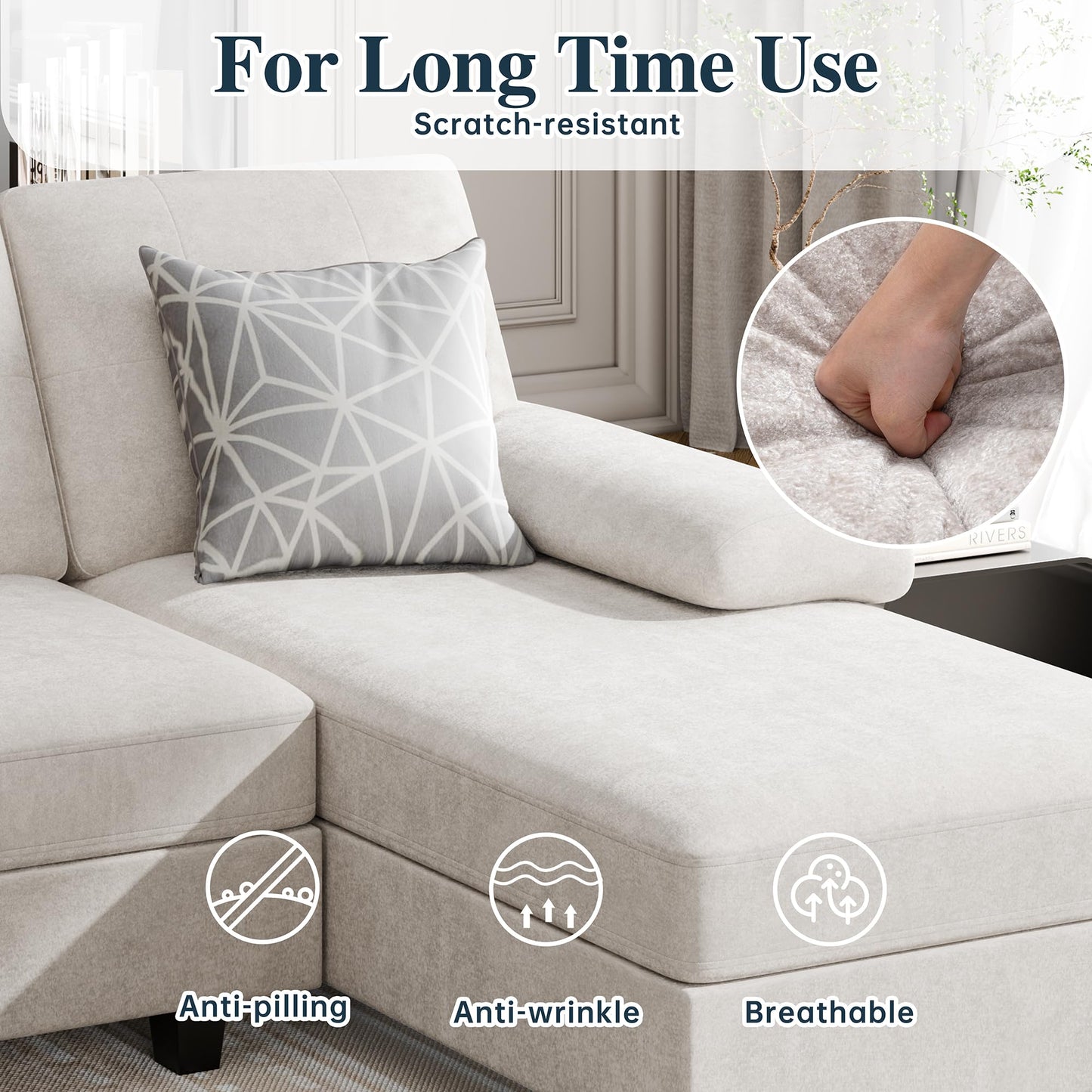 Shintenchi U-Shaped Sectional Couches for Living Room, 4 Seat Sofa with Double Chaise Lounges,Solid Wood Frame Sectional Sofa for Apartment,White