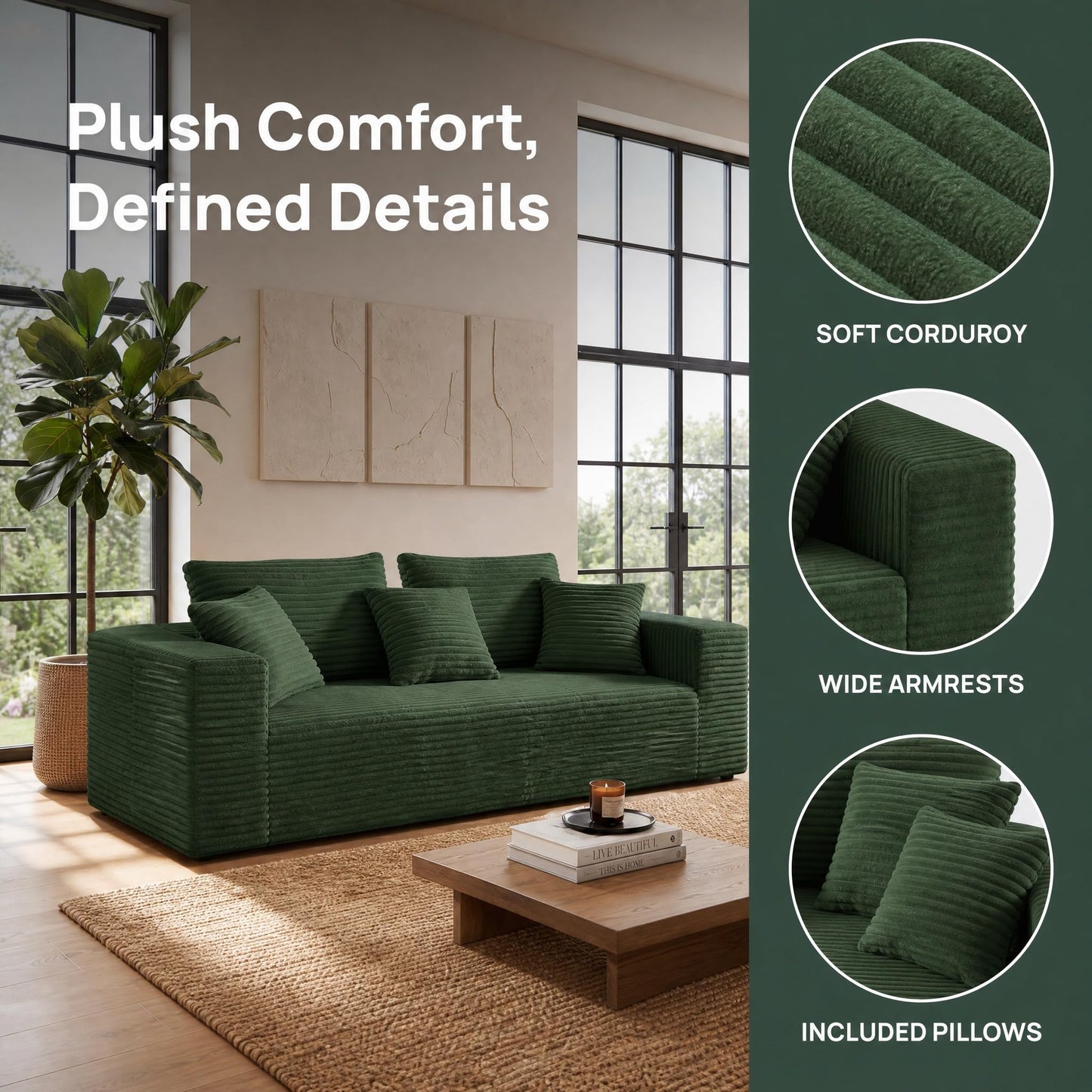 Trygoal 3-Pieces Sectional Boneless Couch Set for Living Room, Oversized Couch Including 3-Seater & 2-Seater & Single Chair, Deep Seat Sofa Set with Armrests & Pillows,No Assembly Required, Green