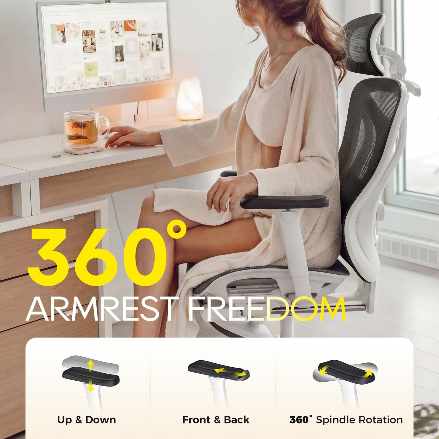 CYKOV Ergonomic Office Chair with Footrest - Adjustable Lumbar Support & Headrest, 90-160° Reclining Mesh Back Computer Chair - Home Office/Gaming, 350lbs Capacity (W-Black, Mesh)