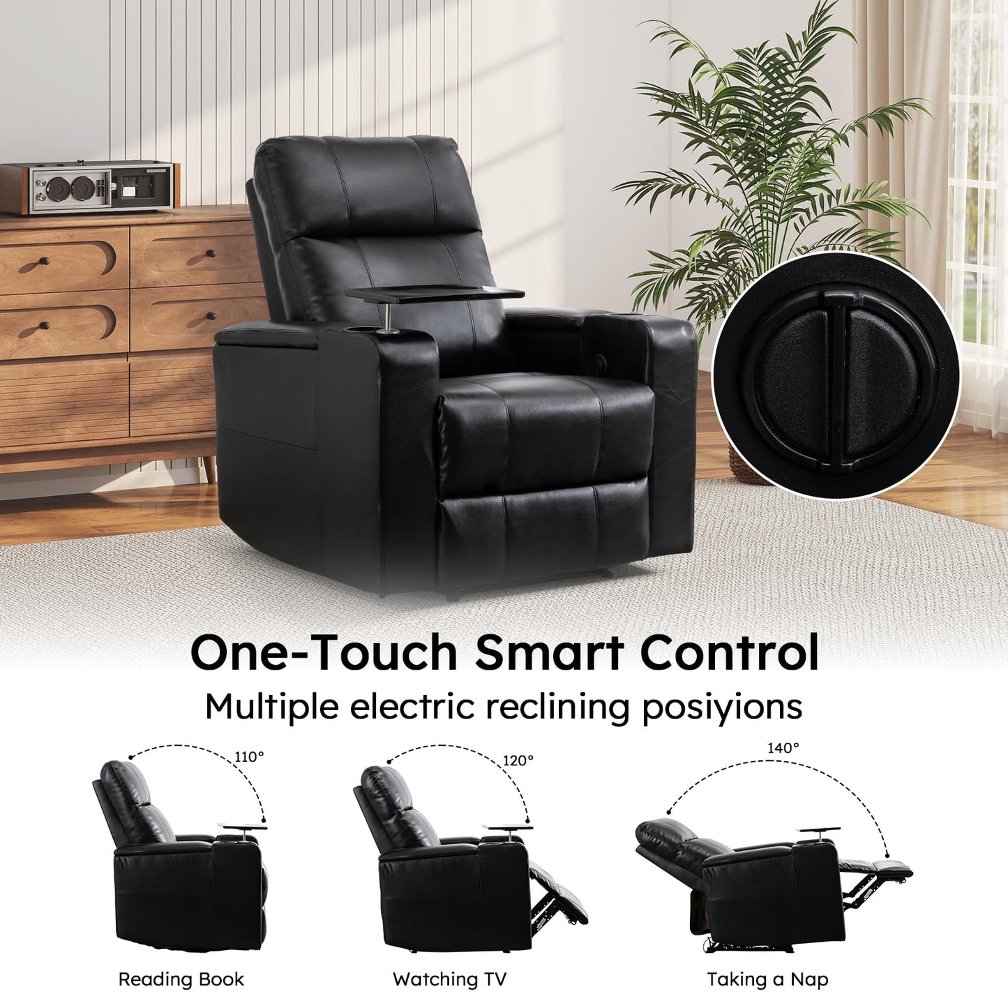 ANJ Home Theater Seating Power Recliner with Hidden Arm Storage, Sigle Faux Leather Recliners with Tray Table, Electric Movie Reclining Chairs with USB Ports & Cup Holders for Media Room, Black