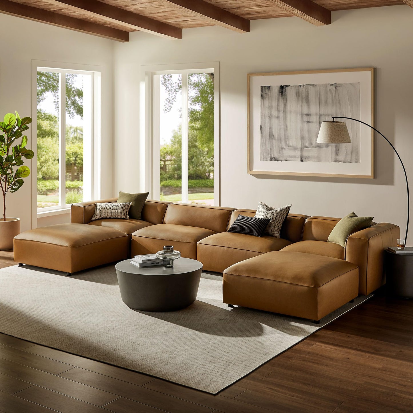 Modway Auren Vegan Leather 6 Piece Modular Sofa in Camel - Faux Leather 4 Seater Sectional - Comfy Modern L Shaped Sofa - Oversized Mid Century Modern Couch for Living Room