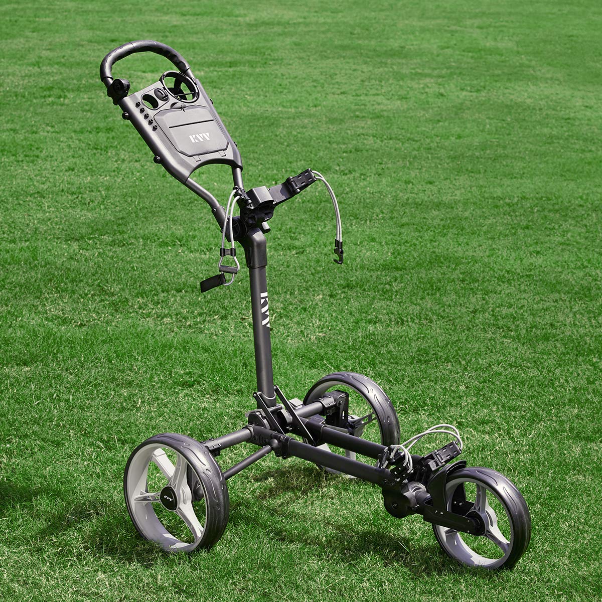 KVV 3 Wheel Compact Flat Folding Design Golf Push Cart with Lightweight and Sturdy Aluminum Frame Charcoal