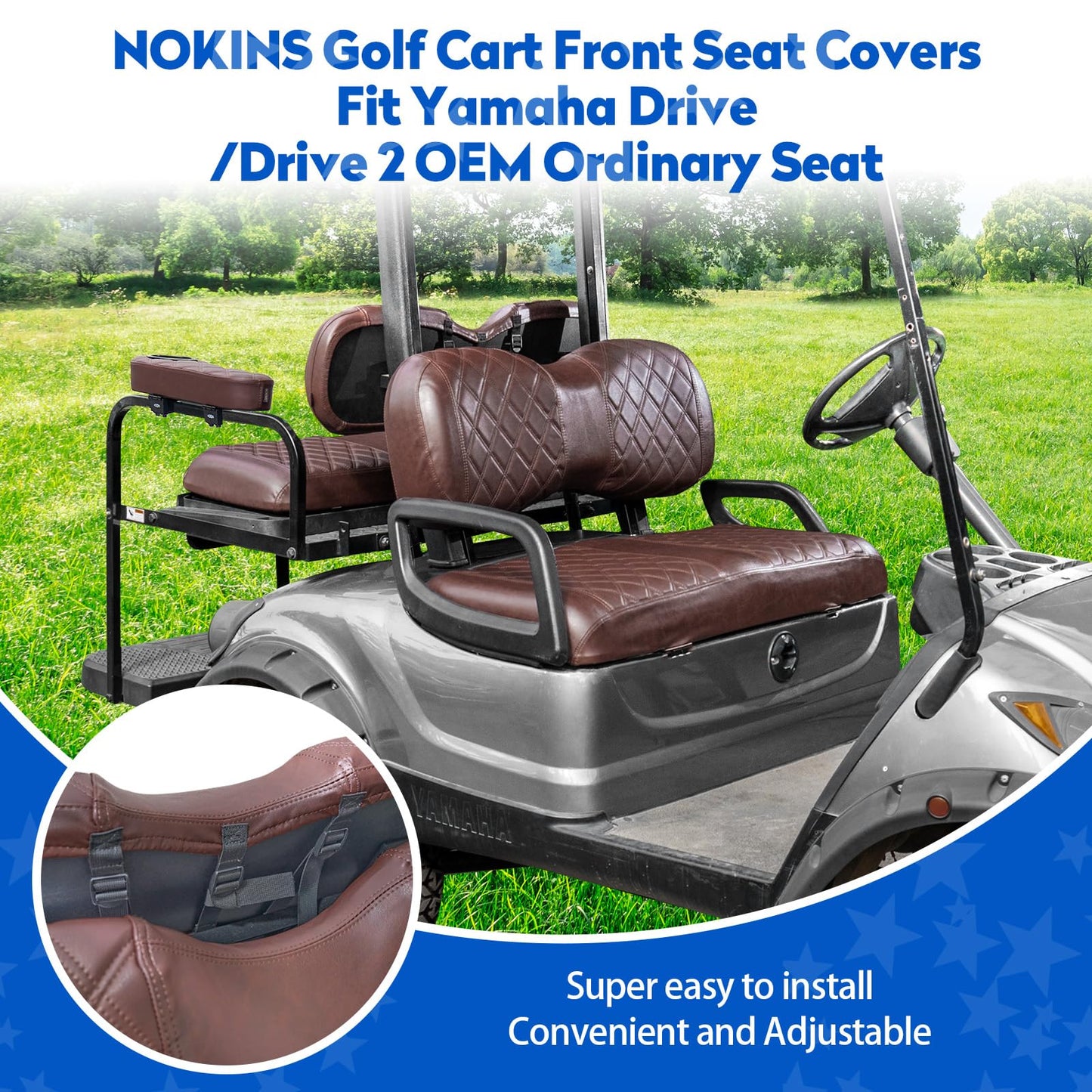 NOKINS Golf Cart Seat Covers for YAMAHA/G29/Drive2, Vinyl Front&Rear Seat Cover with Flip-Up Armrests kit, with Cup Holder, for 1" Square Tube (Brown&Brown 8438)