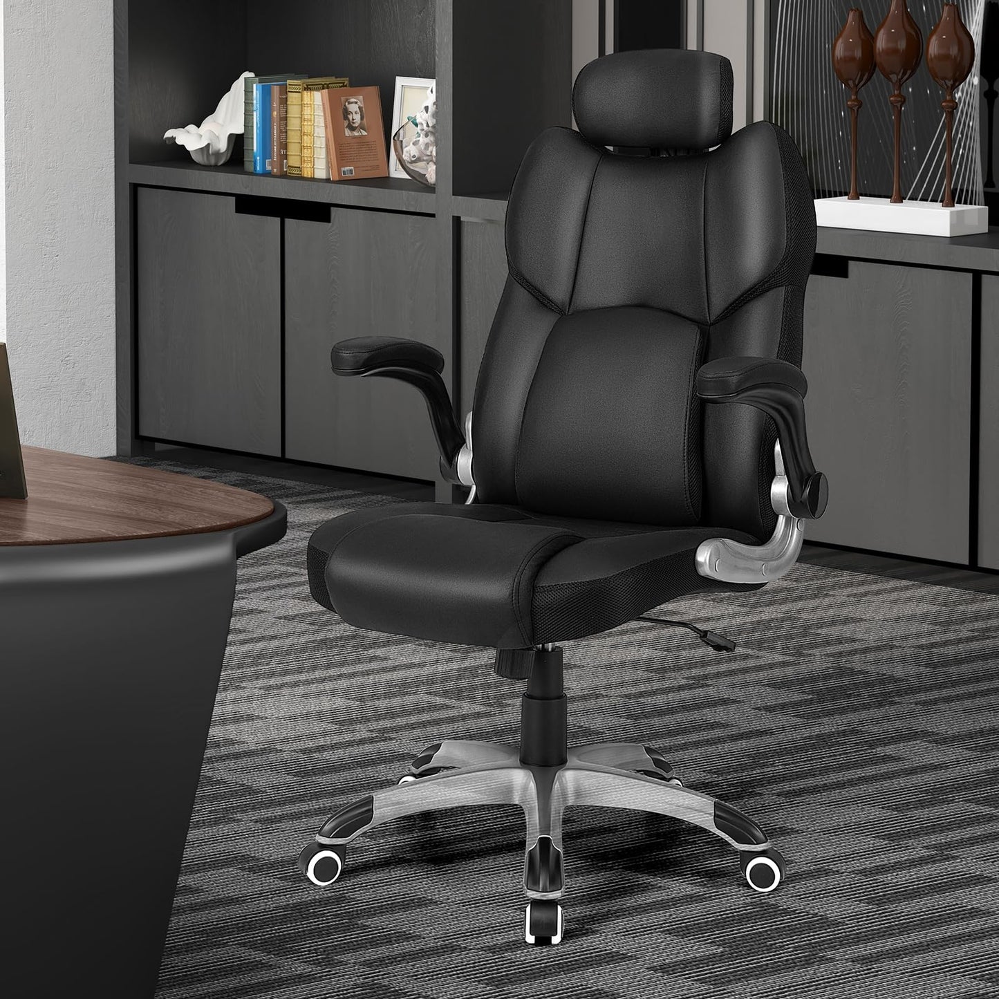 Giantex Executive Office Chair, Kneading Massage Computer Chair with Removable Lumbar Support Pillow, Adjustable Headrest, Faux Leather Rolling Desk Chair with Flip-up Armrests for Home Office, Black