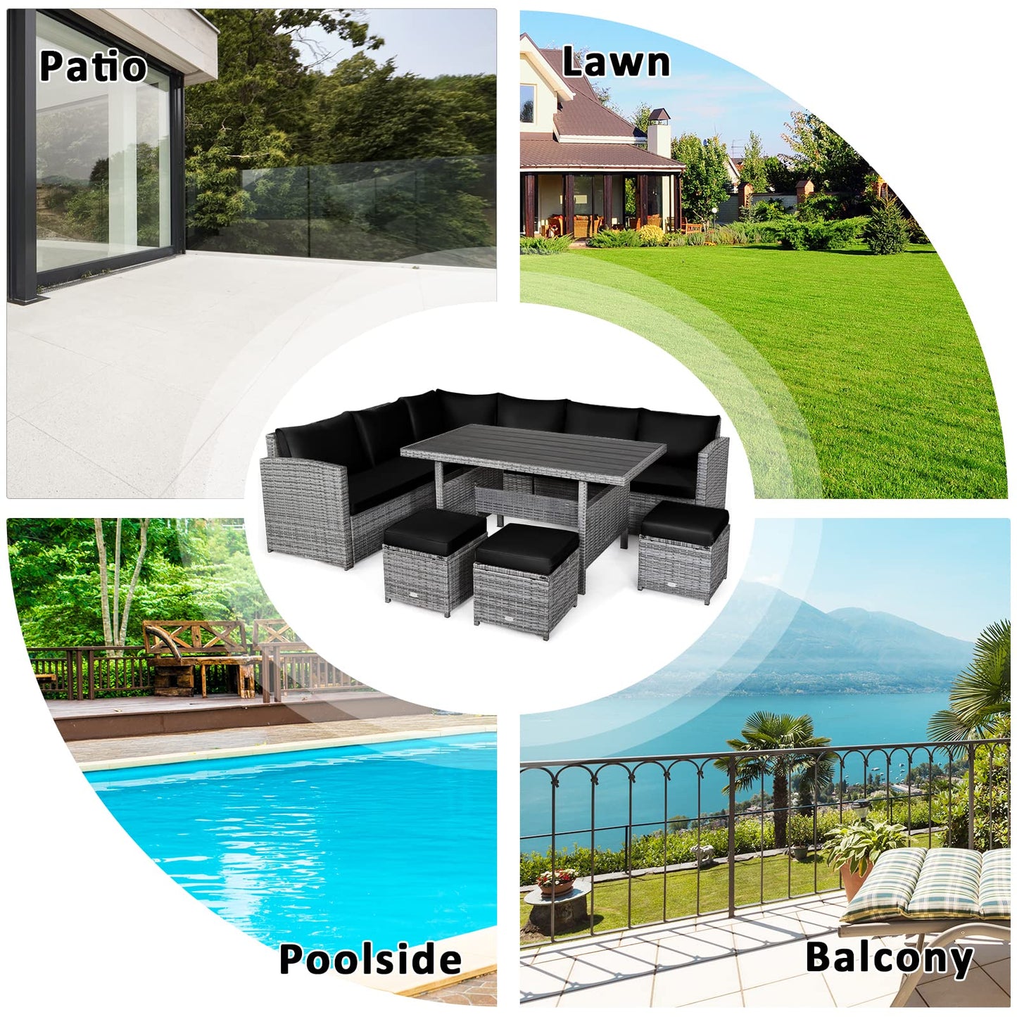 Tangkula 7 Pieces Patio Furniture Set, Outdoor Sectional Rattan Sofa Set with Cushions, All Weather Wicker Conversation Couch Set w/Dining Table & Ottomans for Backyard Garden Poolside, Black