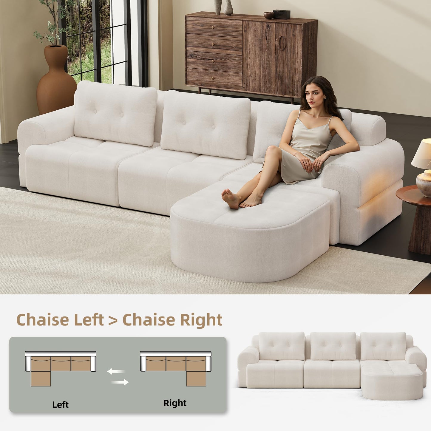 112" Compressed Boneless Sectional Sofa with Movable Ottoman Convertible L Shaped Modular Corner Couch for Living Room - Oversized Cloud Couches W/Tufted Cushions and Deep Seat