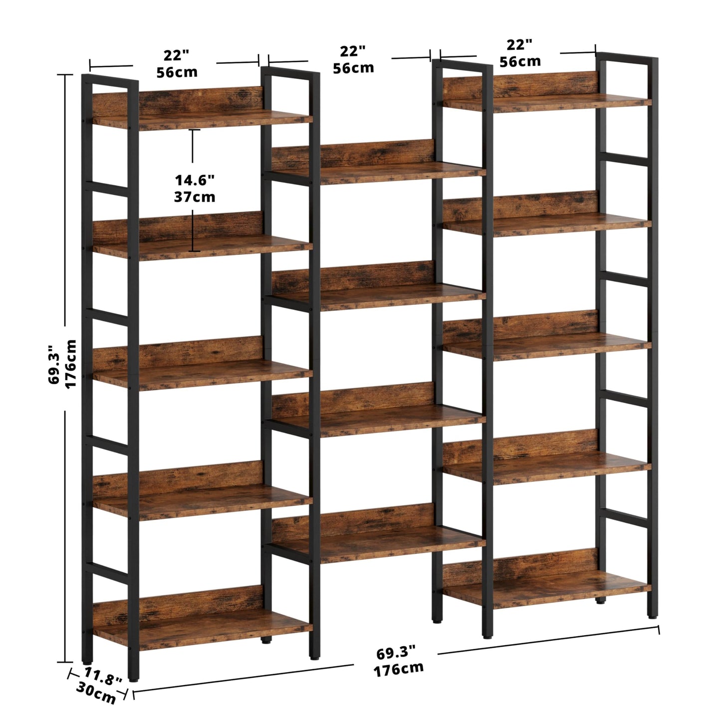 IRONCK Bookshelf, Bookshelves and Bookcases, 5 Tiers Bookshelf with Baffles, Large Book Shelf with Metal Shelving, Triple Wide Shelves for Living Room, Home Office