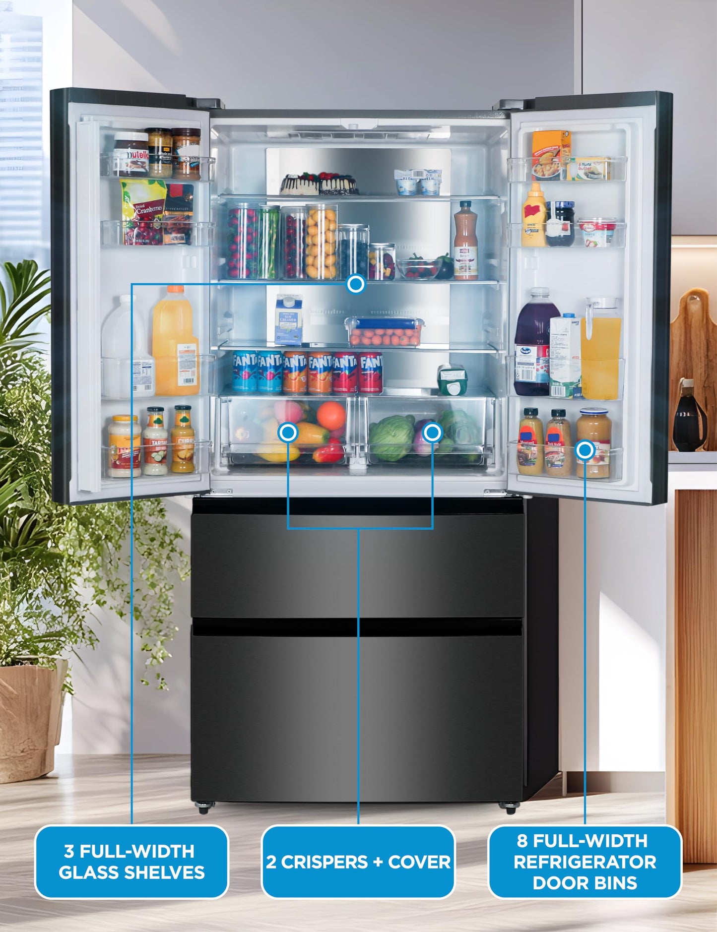 Commercial Cool 18.9 Cu. Ft. French Door Refrigerator, 33 Inch Wide Refrigerator with 2 Bottom Mount Freezer Drawers, Frost Free, LED Lighting, Digital Temperature Control, CCRF1890KB, Black