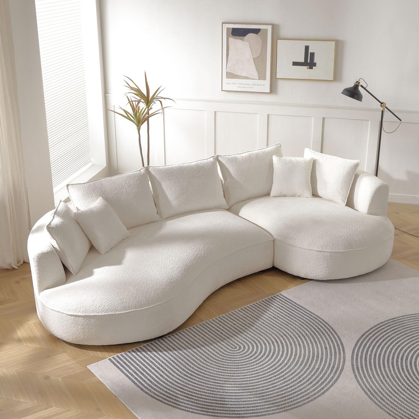 KEIKI 129" Luxury Curved Boucle Sectional Sofa with Right Chaise, Upholstered Modern Style Oversized 5-Seater Couch with Thickened Seat Cushions, Easy Assembly, for Apartment, Living Room, White
