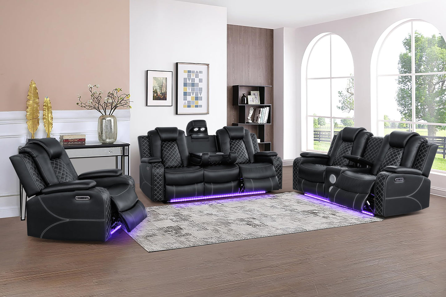 Ball & Cast Power Recliner Sofa Set Leather Reclining Couch Home Theater Seating 3PCS Recliner Couch Loveseat & Chair Sets with Coffee Table,Reading Light,Cup Holders for Home Theater,Living Room