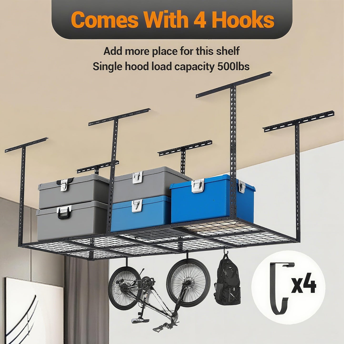 GarveeLife 3x8 ft Heavy Duty Overhead Garage Storage Rack, Adjustable Ceiling Storage Racks with 600 LBS Weight Capacity, Metal Garage Storage Organization Systerm, Black