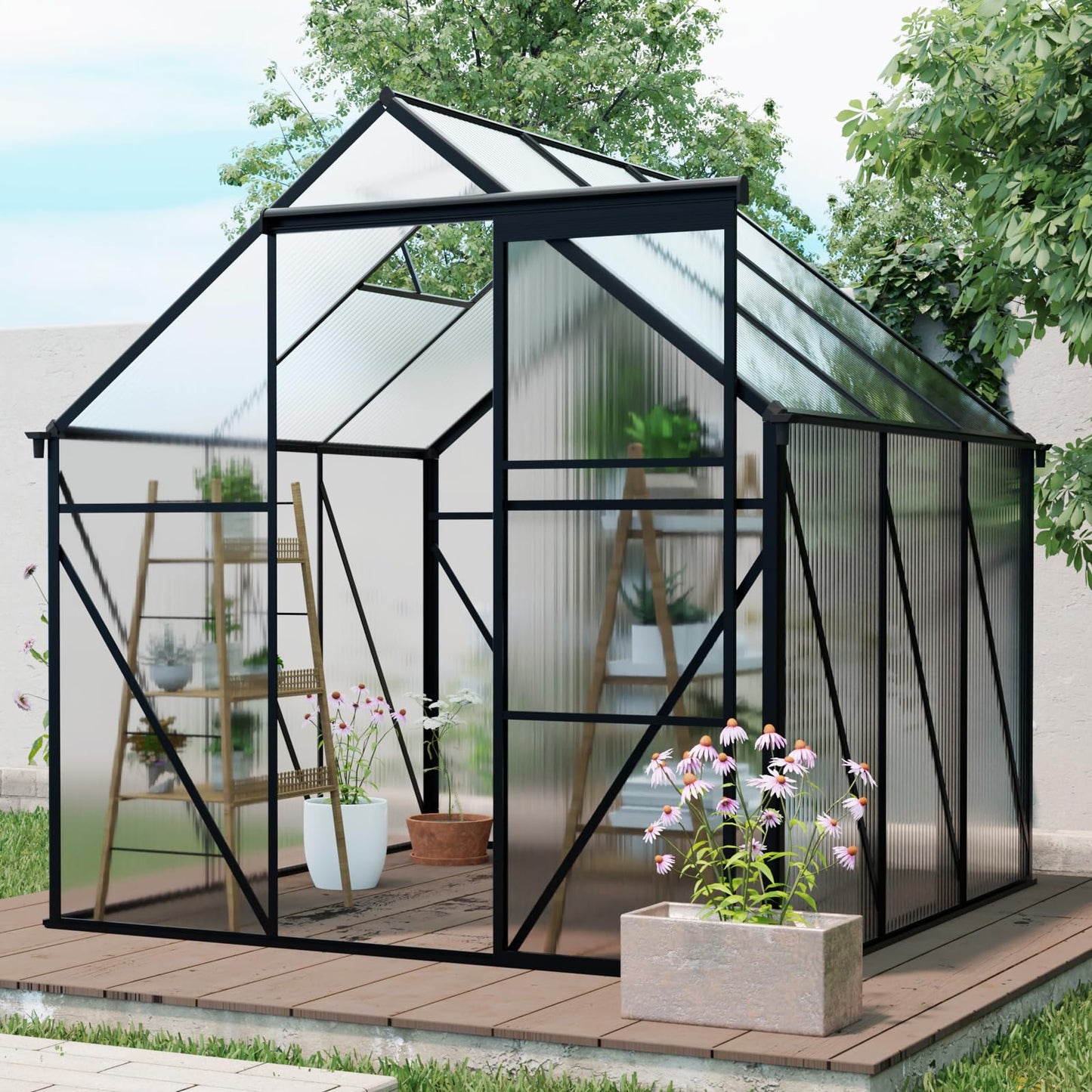 KEIKI 6x6 FT Polycarbonate Greenhouse with Aluminum Frame,Raised Base and Roof Vent,Walk-in Greenhouses for Patio Garden