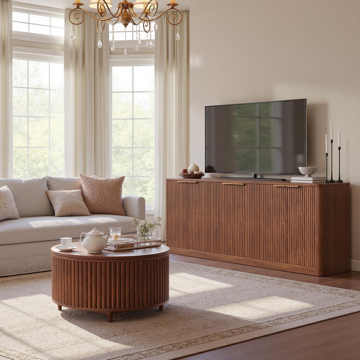 Evermagin 67" Walnut Fluted TV Stand for TVs up tp 75", Mid-Century Modern Entertainment Center with Storage Cabinets and Fluted Doors, Wood Media TV Consoles for Living Room and Bedroom Furniture