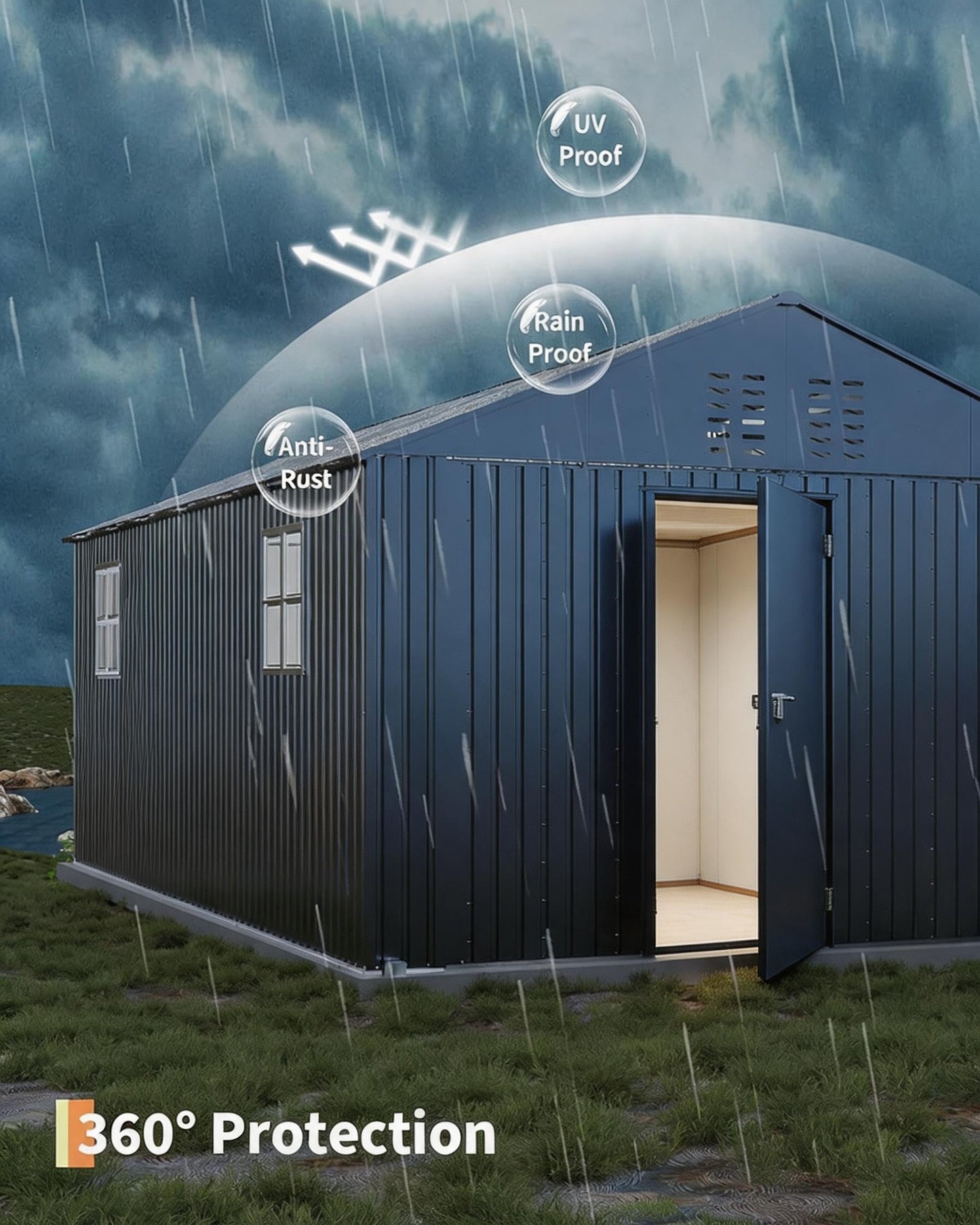 12x20 FT Metal Garage Shed, Outdoor Extra Large Storage Shed with Double Hinged Doors, 4 Windows, Heavy Duty Carport for Cars, Boats, Trucks and Equipment Storage, Black-Blue