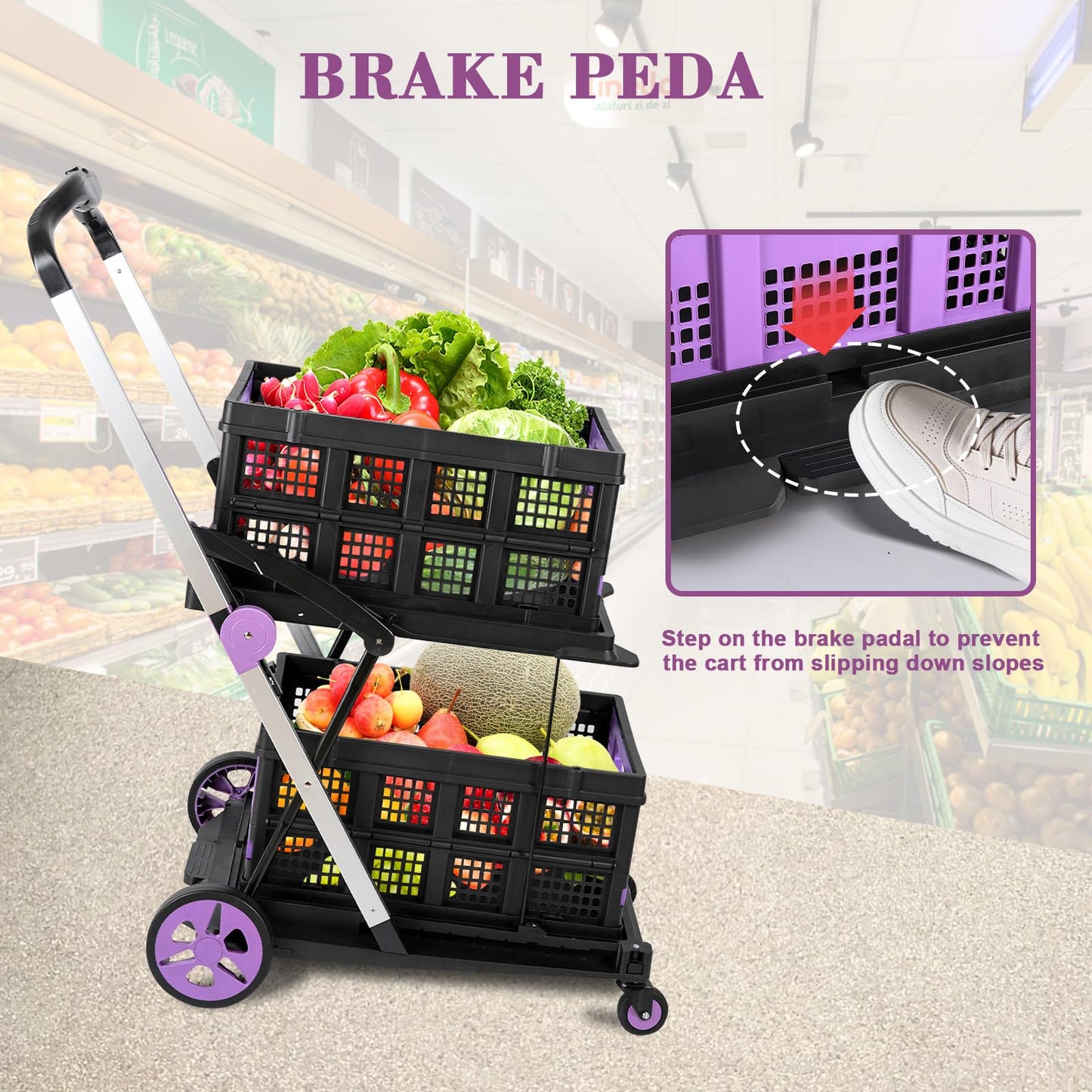 Collapsible Shopping Cart on Wheels, Folding Shopping Cart with 360° Swivel Wheels, Multi Use Utility Cart Adjustable Portable Trolley with 2 Storage Crate, Used for Picnic, Supermarket, Purple