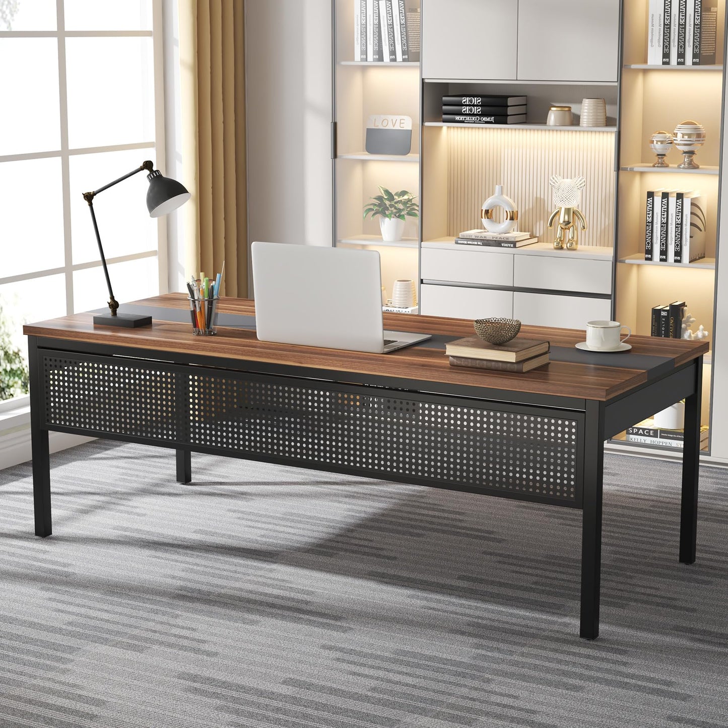 Tribesigns 71 Inch Executive Desk, L-Shaped Desk with Mobile File Cabinet, Executive Office Table with 2 Drawers and Storage Shelves, Business Furniture Workstation for Home Office, Walnut and Black