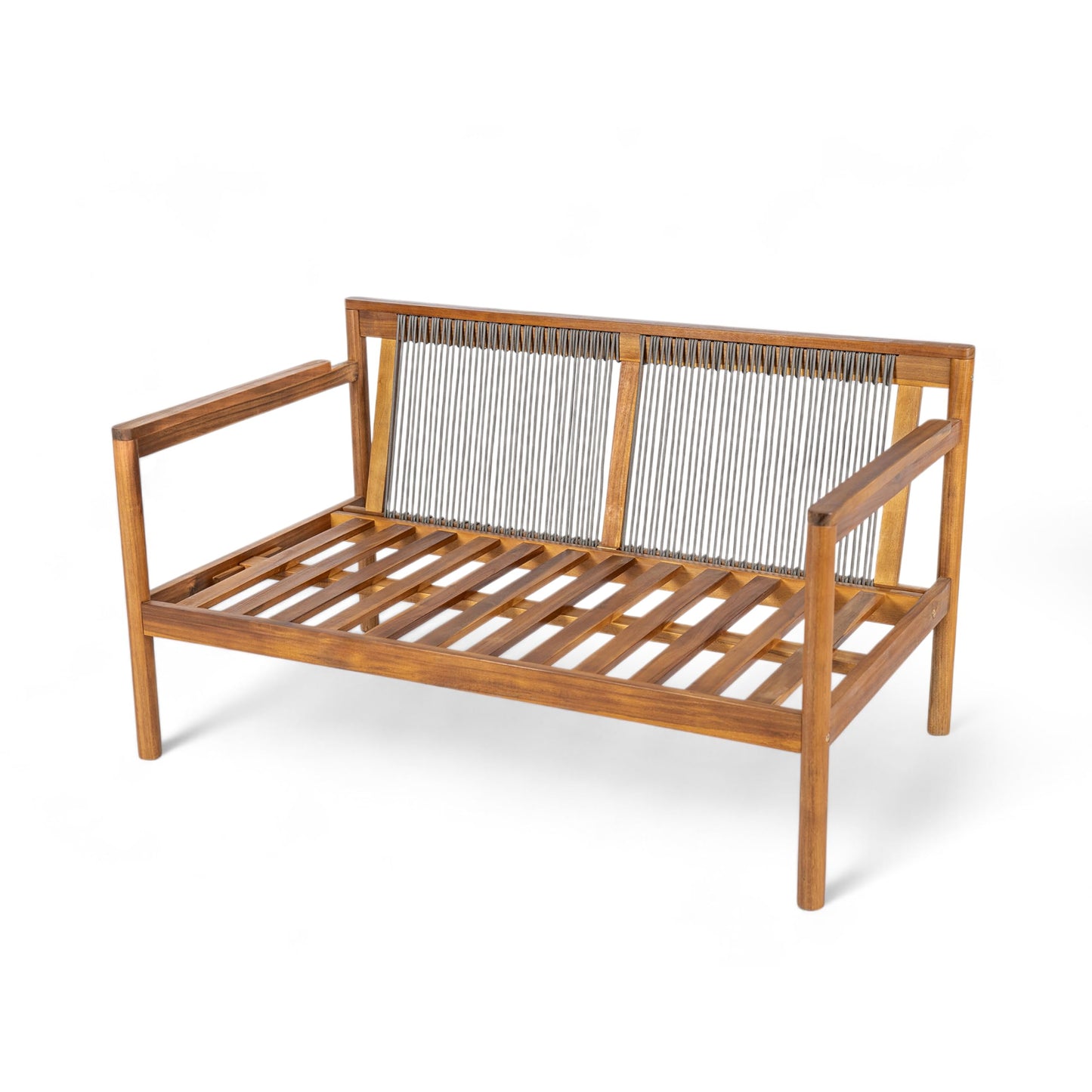 Christopher Knight Home Vorms Outdoor Loveseat with Coffee Table, 2-Piece Acacia Wood Patio Furniture Set with Rope Backrest, Patio Conversation Chat Sets for Backyard Balcony, Teak+Cream