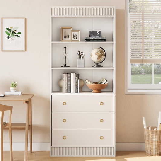 BouPower 71" H White Fluted Bookshelf with 3 Drawers & 3-Tier Open Shelves, Tall Bookcase with Waved Design, Tall Book Shelf with Open Shelf for Living Room/Home Office