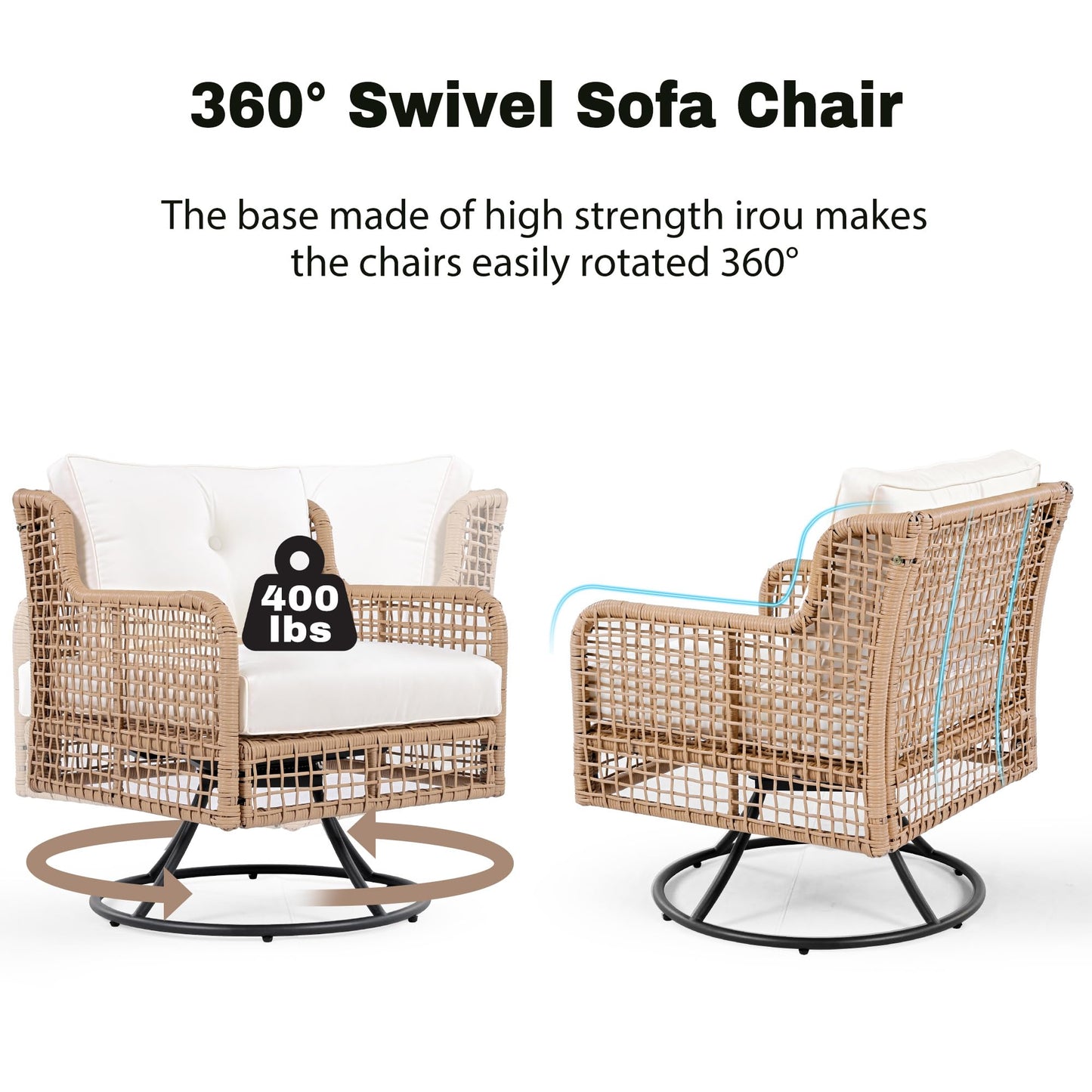 Merax 4 Pieces Patio Furniture Set for 5-Person, 2 Swivel Chairs + 3 Seater Couch Sofa + Rectangle Coffee Table, Sectional Rattan Wicker Outdoor Conversation Set for Poolside Backyard Deck, Beige