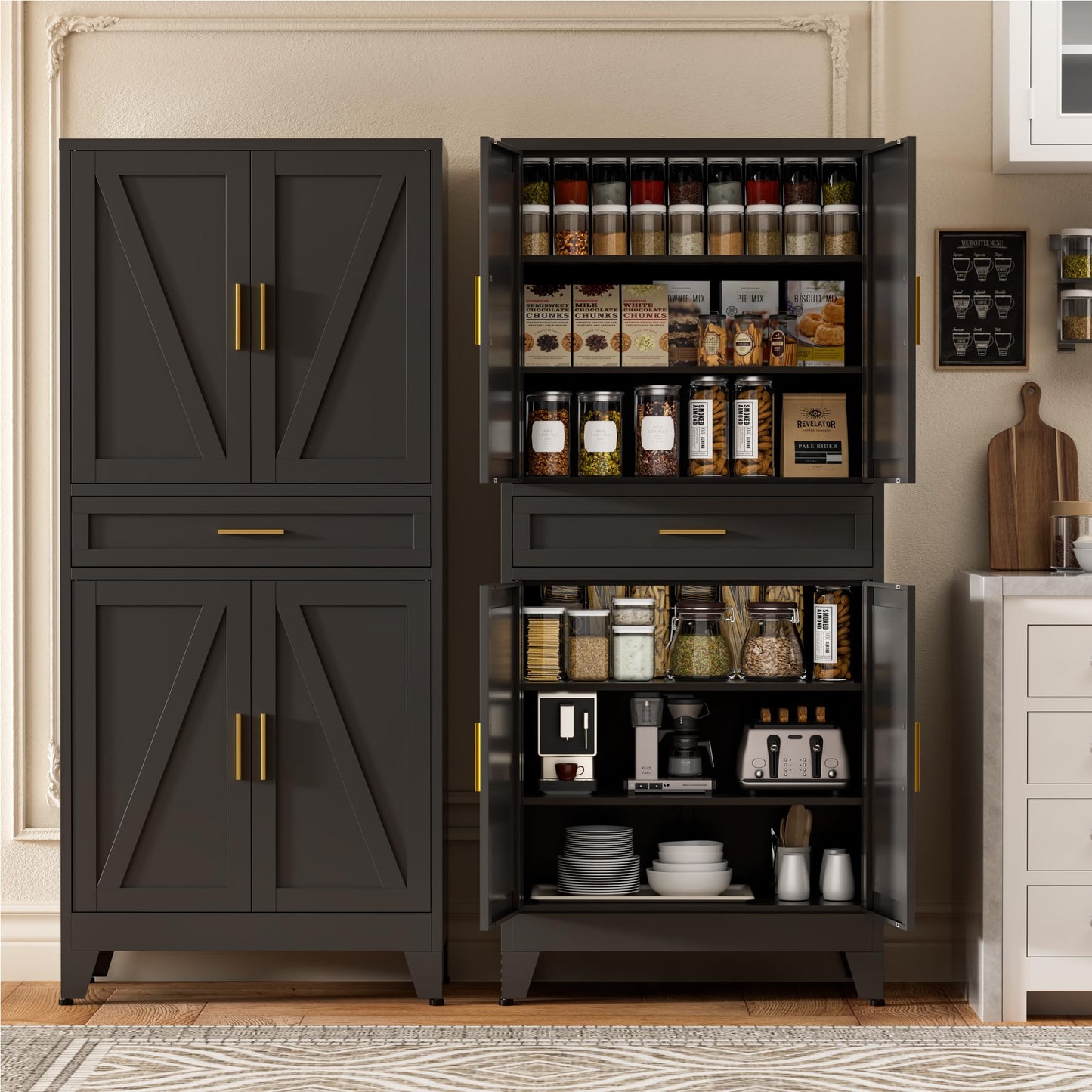 Baborokic 71" Tall Metal Storage Cabinet with Drawer and Adjustable Shelves,Farmhouse Kitchen Pantry Storage Cabinet with Doors,Large Wide Cabinets for Craft Room,Office,Dining Room,Kitchen(Black)