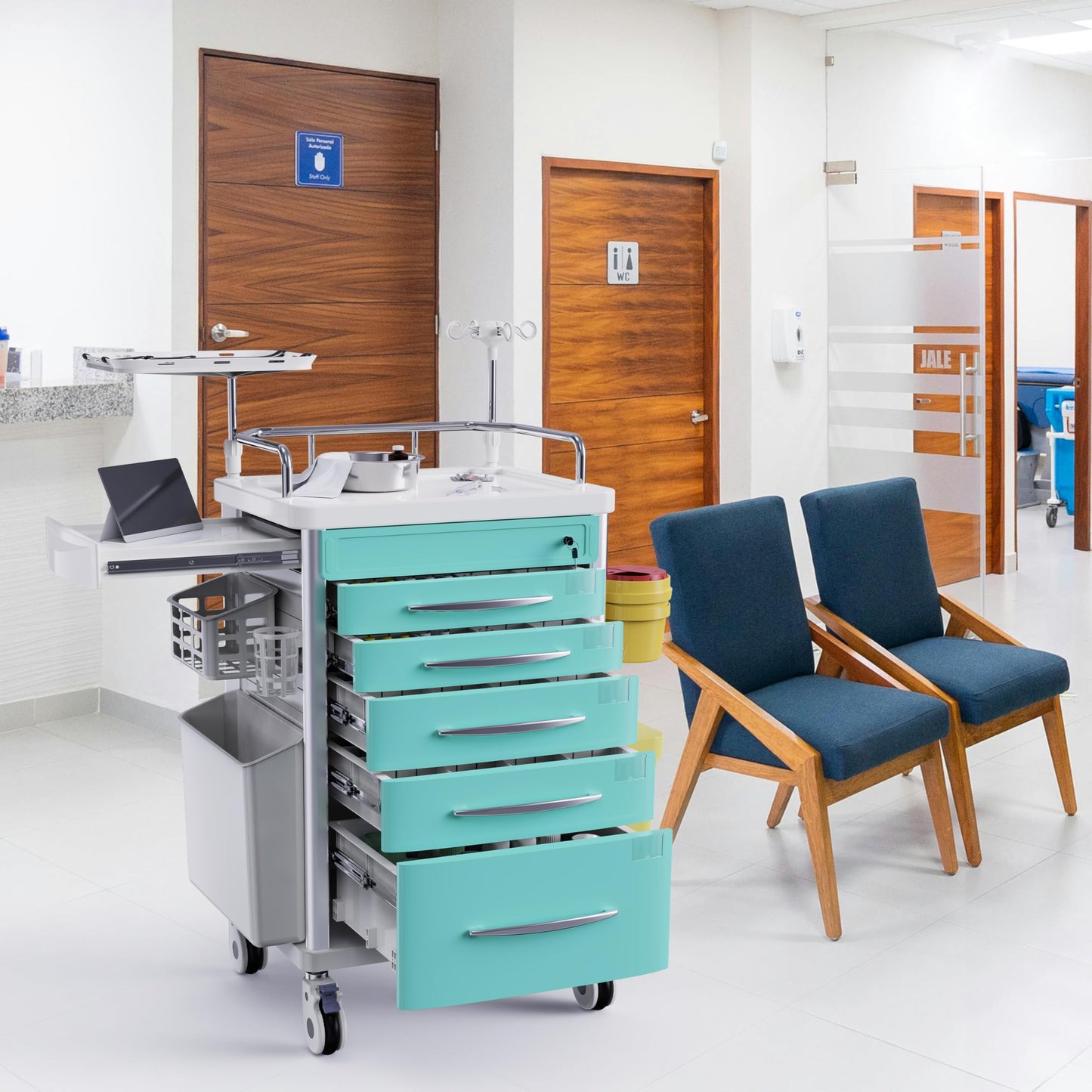 OLERN Rolling Crash Cart Medical with Drawers - Adjustable IV Pole, Silent Casters, Needle Disposal Holder, Trash Bin, O2 Holder, Utility Trolley Cart for Clinic, Hospital, Salon, Lab