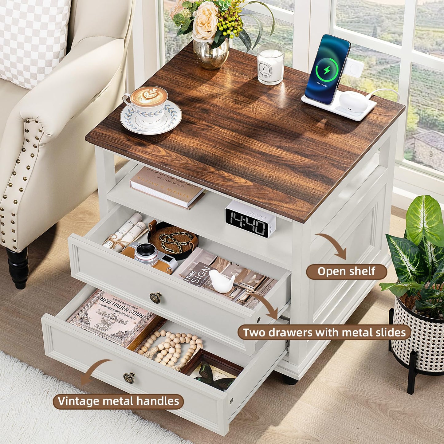 Joaxswe Farmhouse Nightstand Set of 2 with Charging Station, 24" Wide End Table with 2 Drawers,Dresser for Bedroom,Bed Side Table Chest of Drawers Cabinet,Wood White Night Stand for Living Room