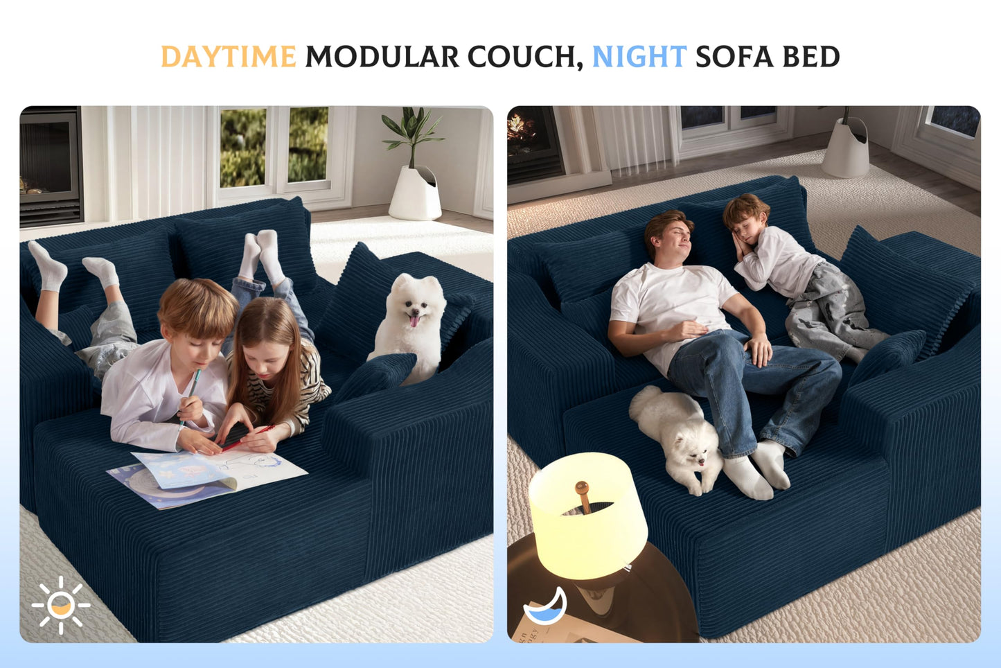 HABUTWAY 105" Modular Sectional Couches for Living Room, Boneless Couch with L-Shape Chaise,Comfy Sofa Living Room Sofas with Deep Seat,No Assembly, Corduroy Fabric(Blue,Right)