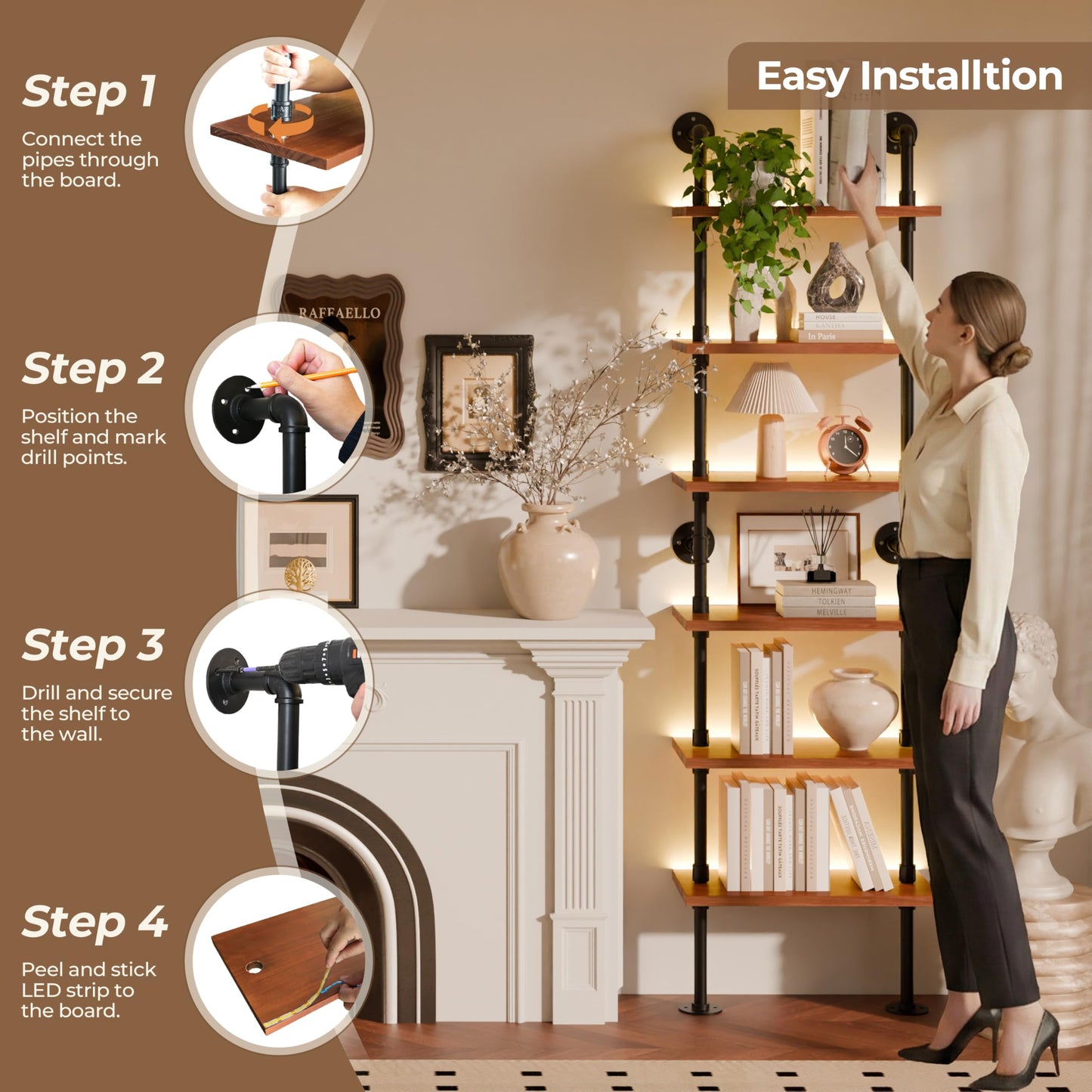 6-Tier LED Ladder Shelf, Wall Mounted Pipe Bookshelf, Walnut Brown 24 Inch