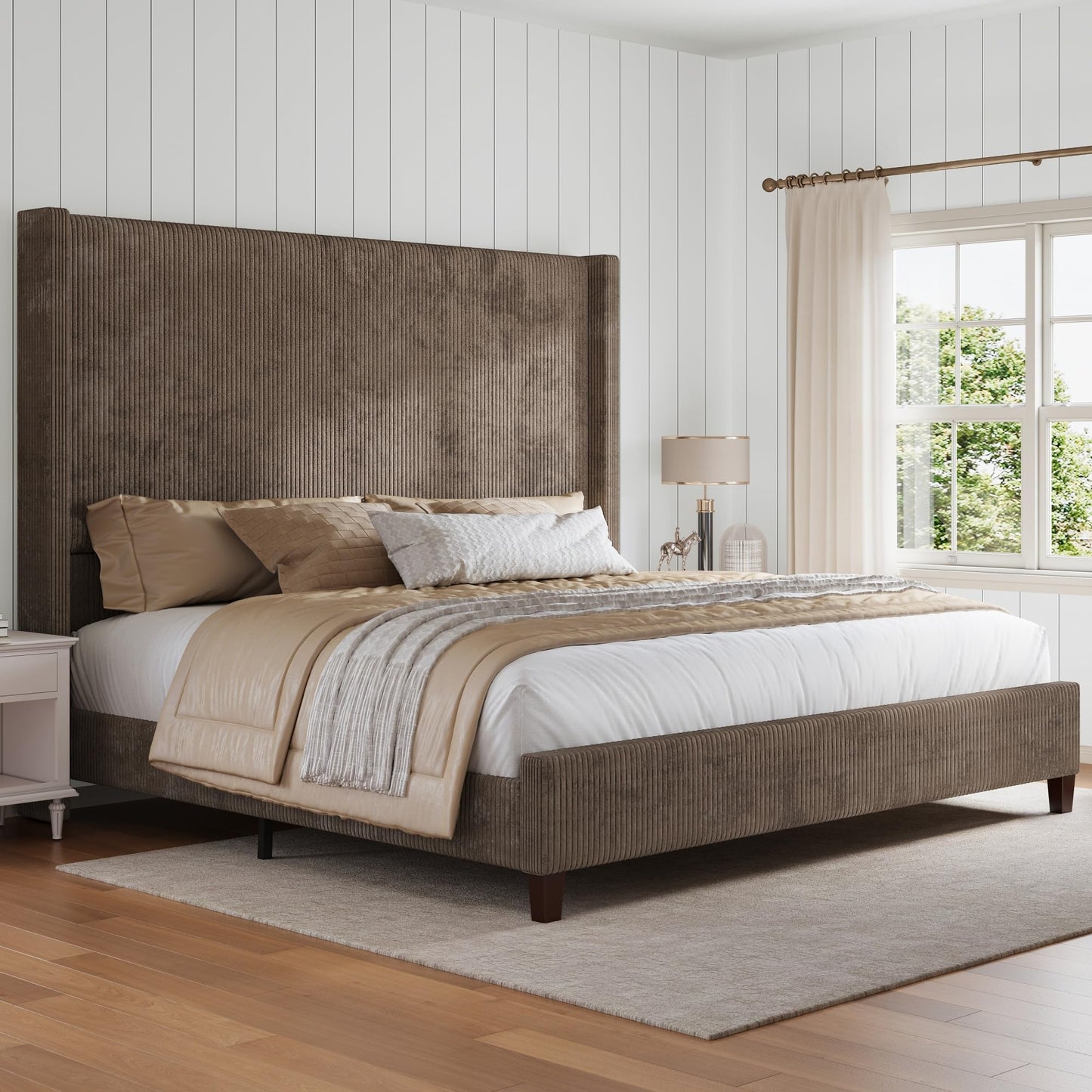 HOWE King Size Bed Frame with 61.4" Extra Tall Headboard, Corduroy Upholstered Bed with Vertical Wingback Headboard, No Box Spring Needed/Noise Free/Solid Wood Slats & Legs/Brown