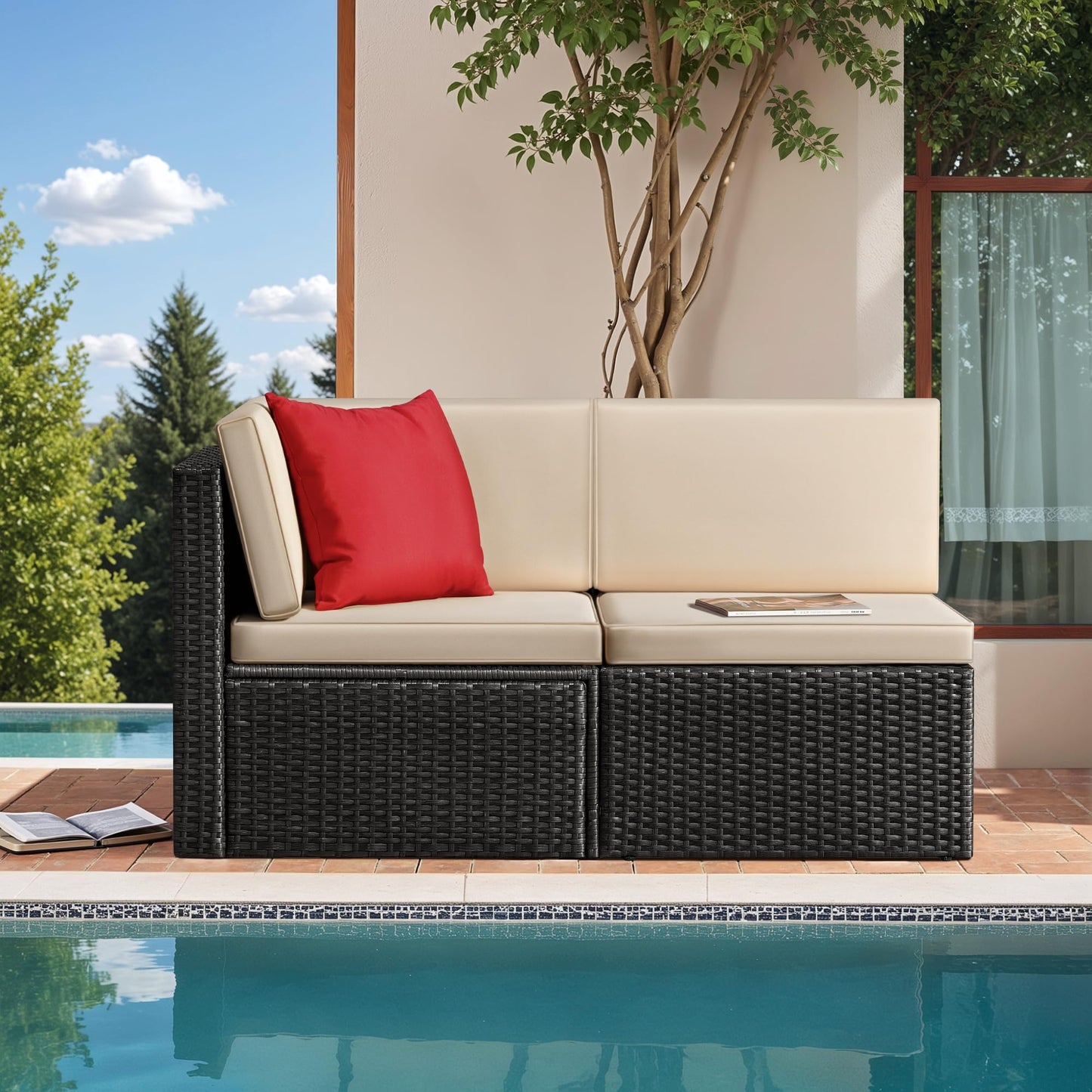 Greesum 2-Piece Patio Conversation Set Wicker Rattan Furniture Outdoor Sofa with Cushions,Pillows for Porch,Lawn and Yard, Beige