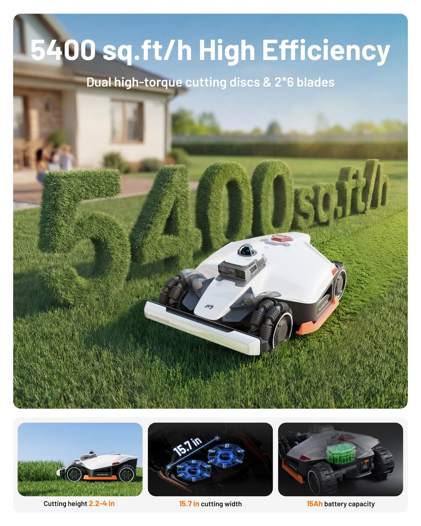 Mammotion LUBA 3 AWD 5000 Robot Lawn Mower, Perimeter Wire Free for 1.25 Acres, All-Wheel-Drive for 80% Slopes, 360° LiDAR+NetRTK+AI Vision, 50 Multi-Zone Management, Cutting Height 1.0"-2.7"