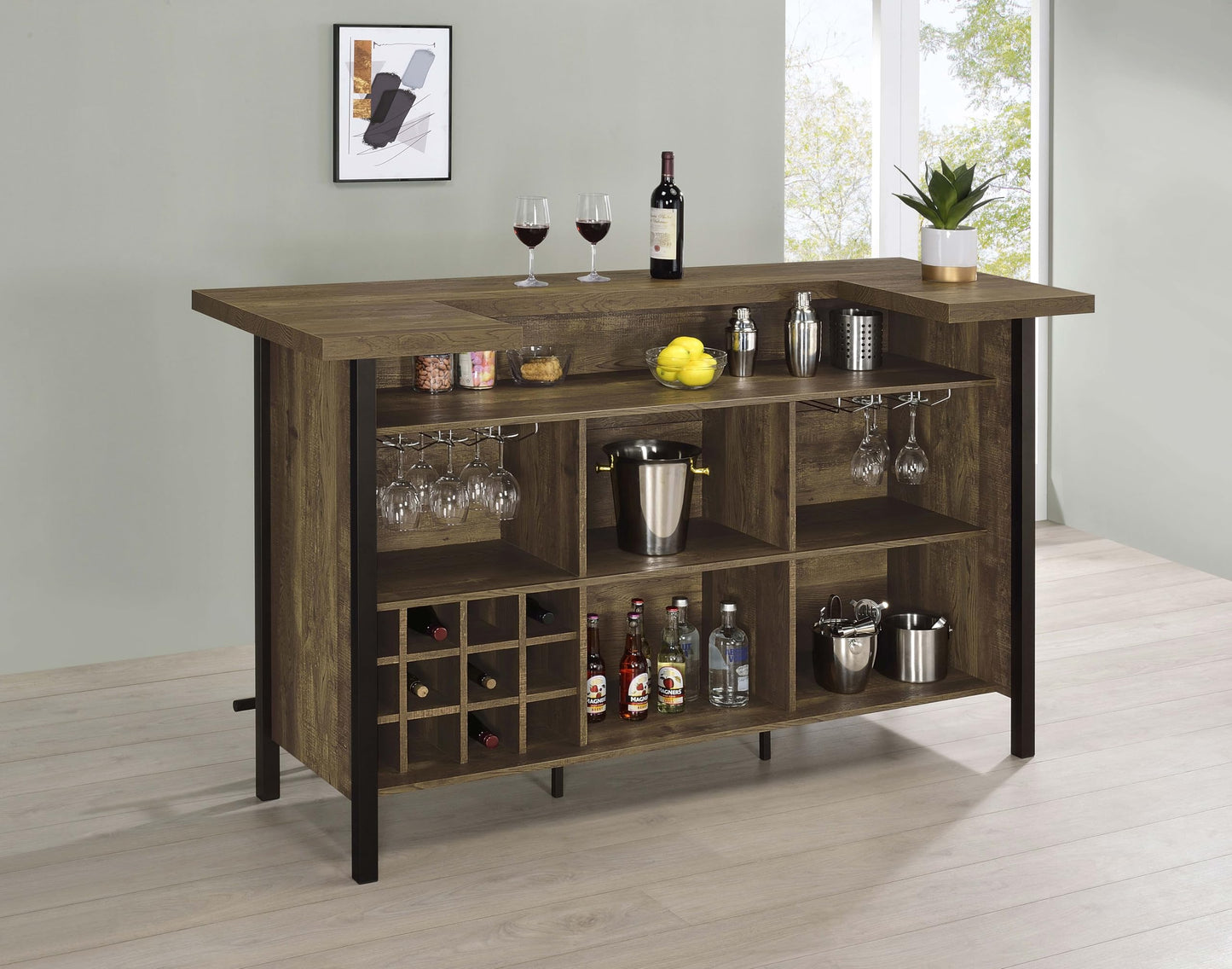 Coaster Home Furnishings - Bellemore - Wood & Metal - Bar Cabinet with Bottle Rack and Stemware Racks with Open Storage - Dining Room & Home Bar - Rustic Oak - 182104