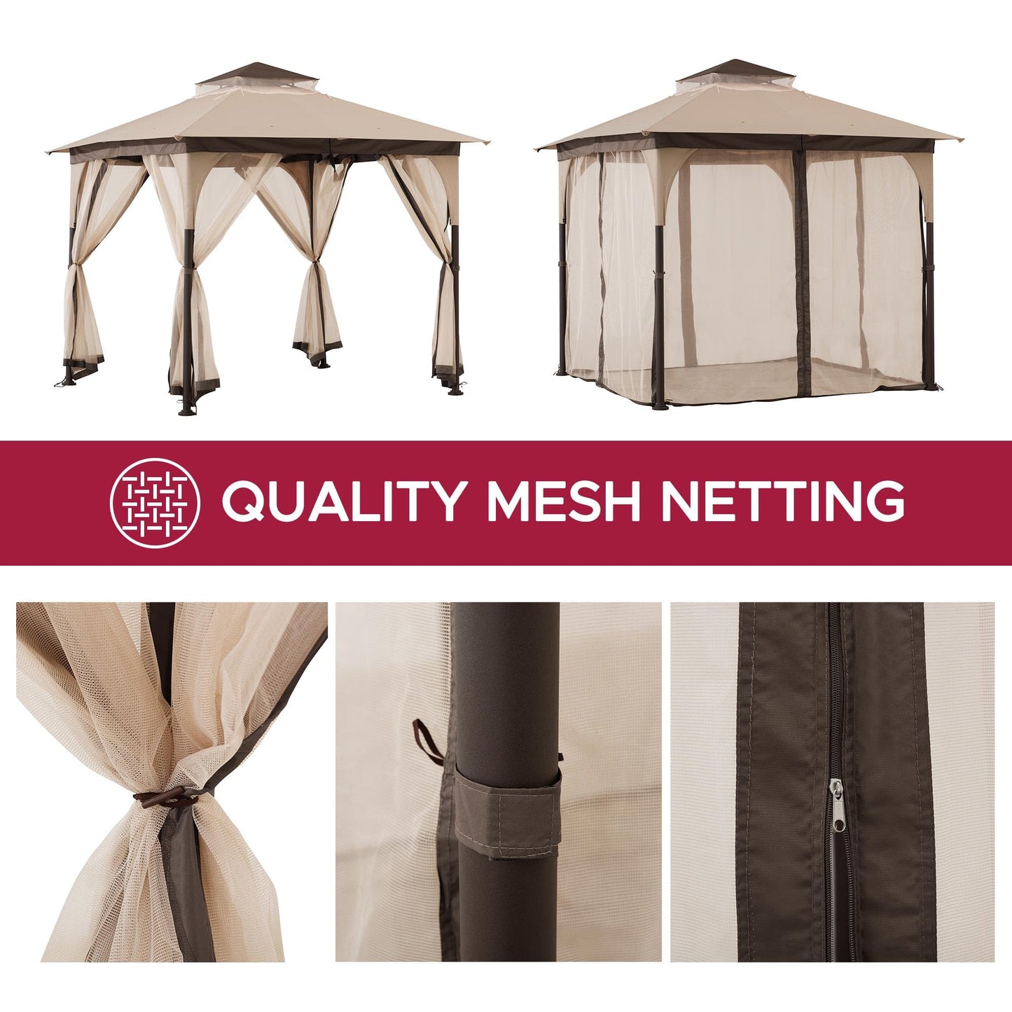 Sunjoy 9 ft. x 9 ft. Gazebo with 2-Tier Canopy Roof, Steel Frame Soft top Gazebo with Ceiling Hook and Mosquito Netting, Tan and Brown