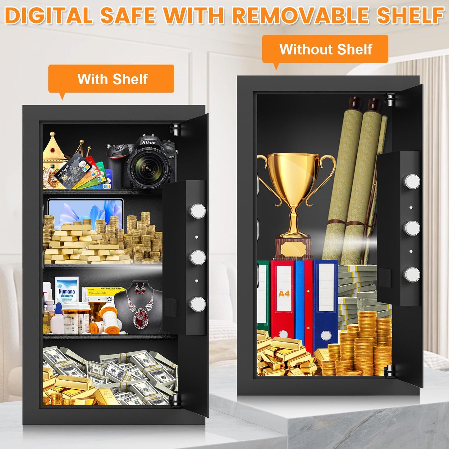 6.0 Cu Ft Large Safe Box for Home Use, 27.6"H Heavy Duty Home Safe with Combination Lock, Alarm System, Removable Shelves, Wall/Floor Mountable Anti-theft Security Safe for Money Jewelry Documents